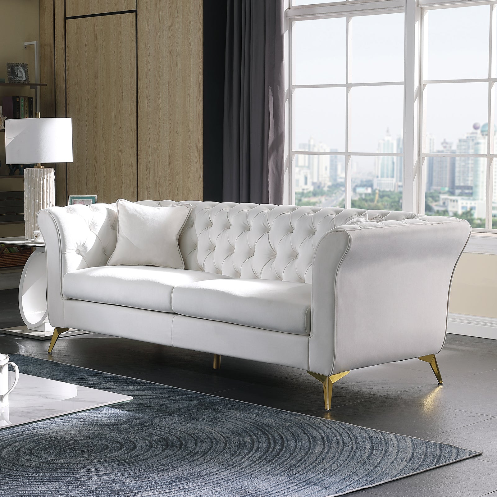 Chesterfield Sofa ,Stanford Sofahigh Quality Chesterfield Sofa ,White Colortufted And Wrinkled Fabric Sofa Contemporary Stanford Sofa . Tufted Sofa With Scroll Arm And Scroll Back White Velvet