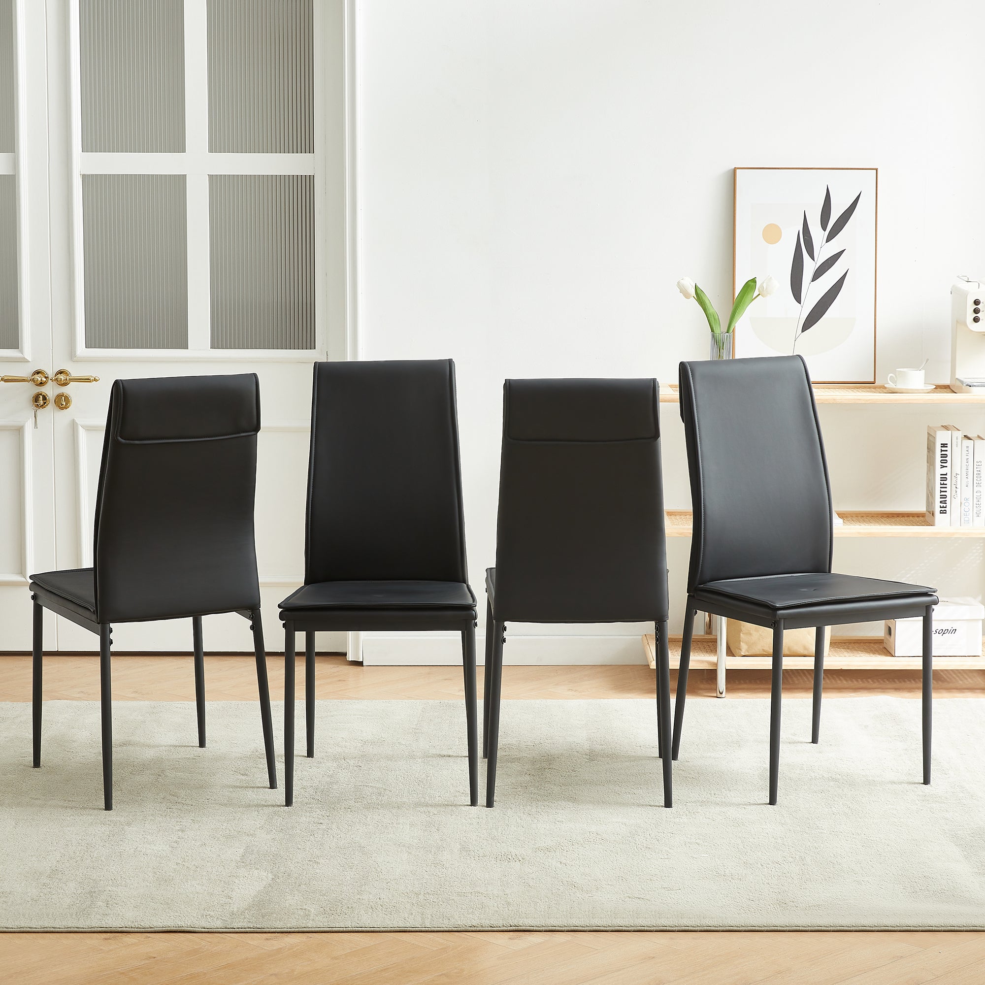 Dining Chairs Set Of 4, Black Modern Kitchen Chair With Metal Leg Black Leather