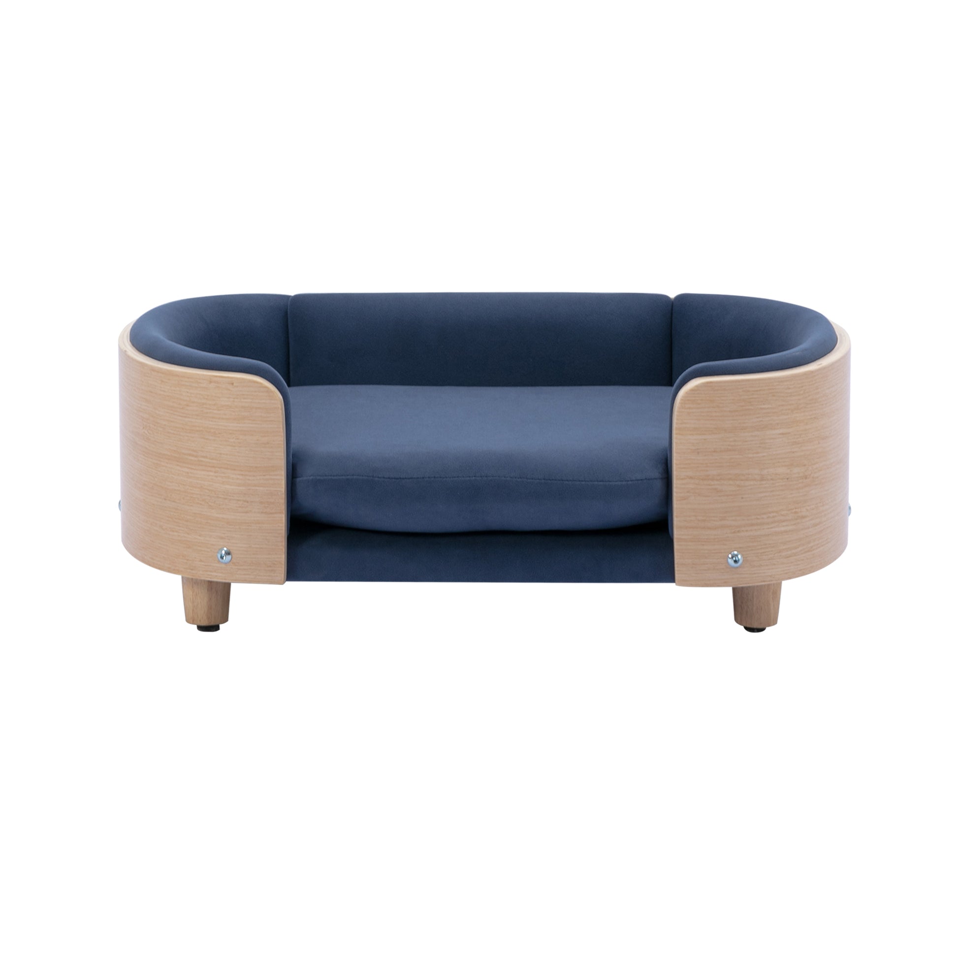 Scandinavian Style Elevated Dog Bed Pet Sofa With Solid Wood Legs And Bent Wood Back, Velvet Cushion,Small Size Dark Blue Foam Solid Wood