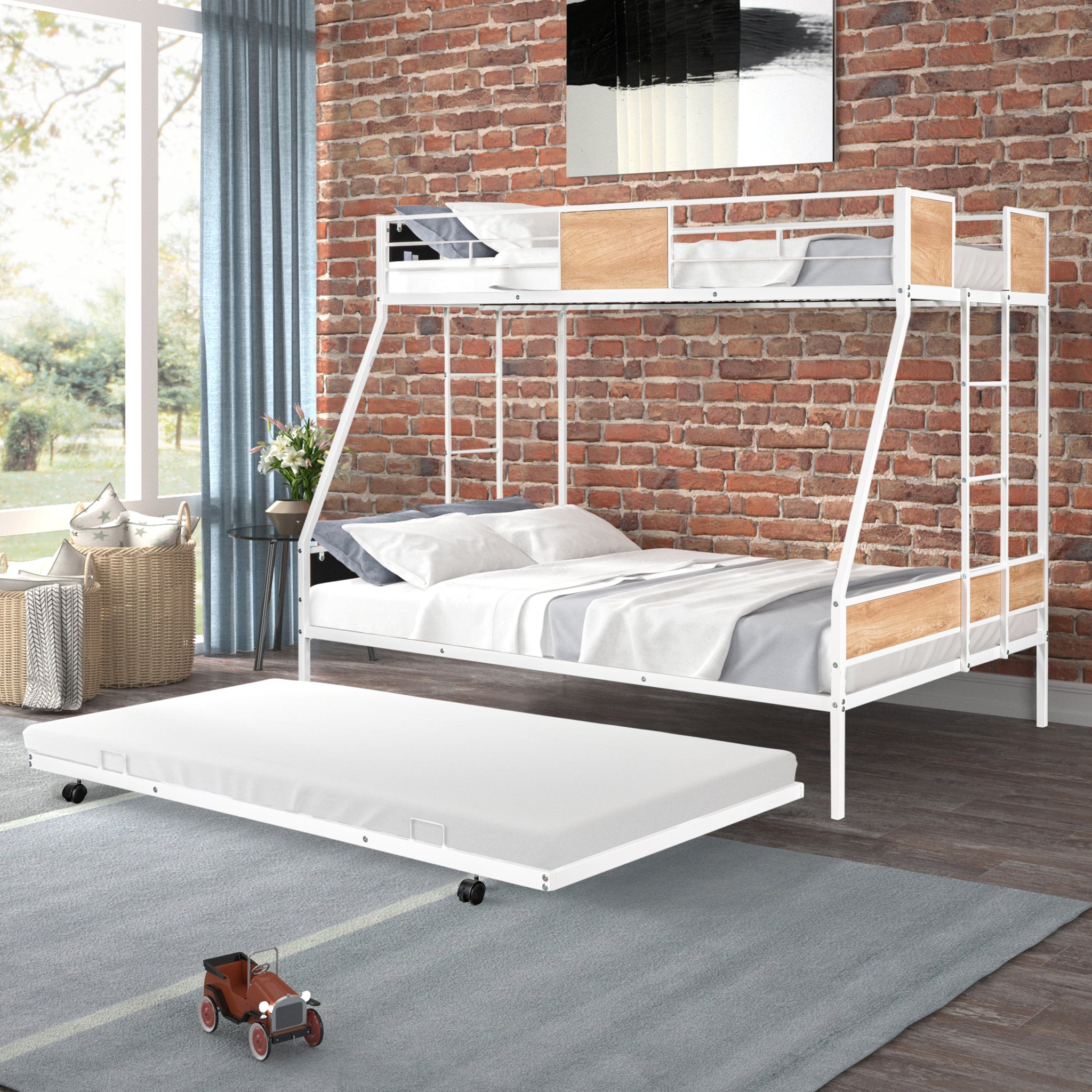 Metal Twin over Full Bunk Bed with Trundle Heavy duty white-metal