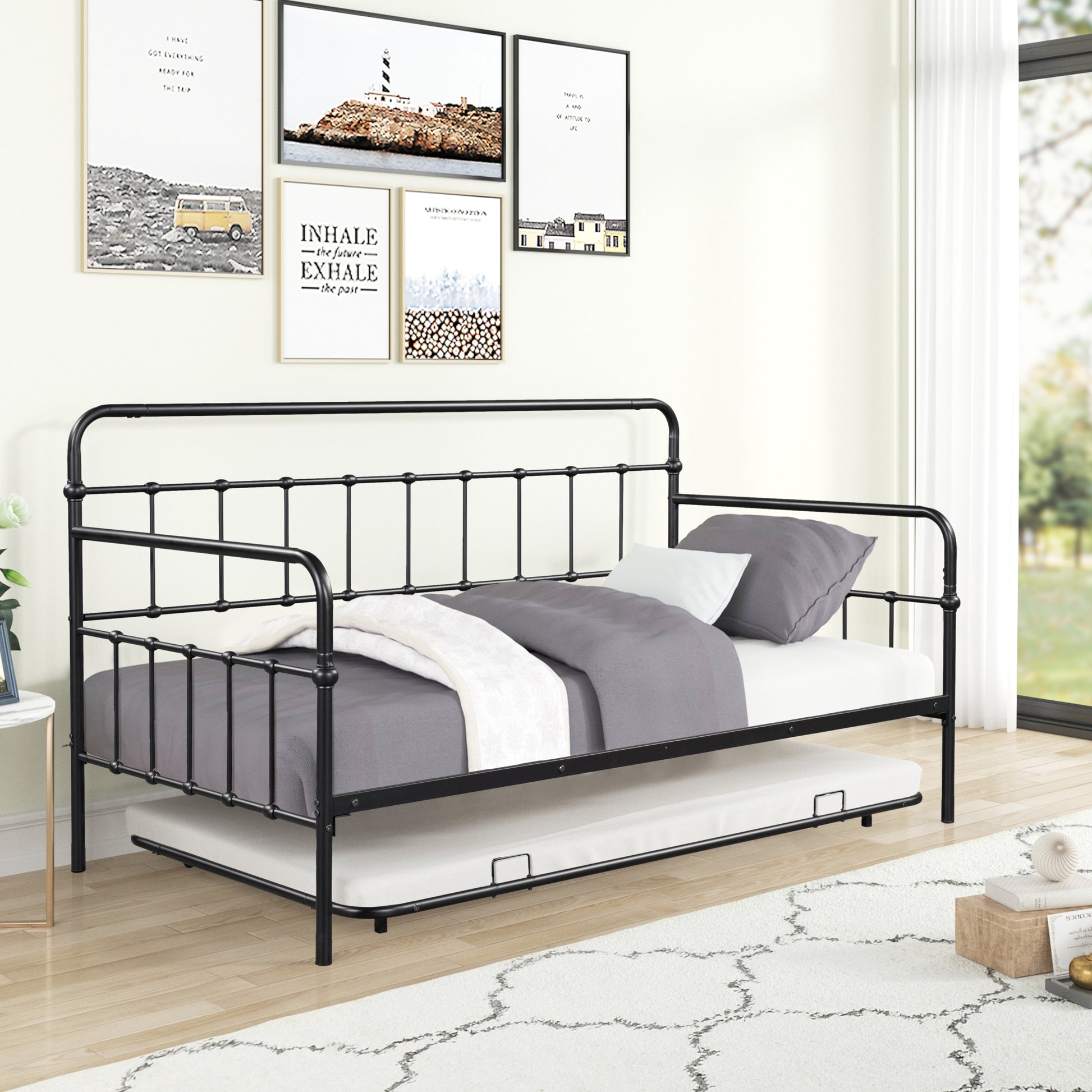 Metal Frame Daybed With Trundle Black Metal