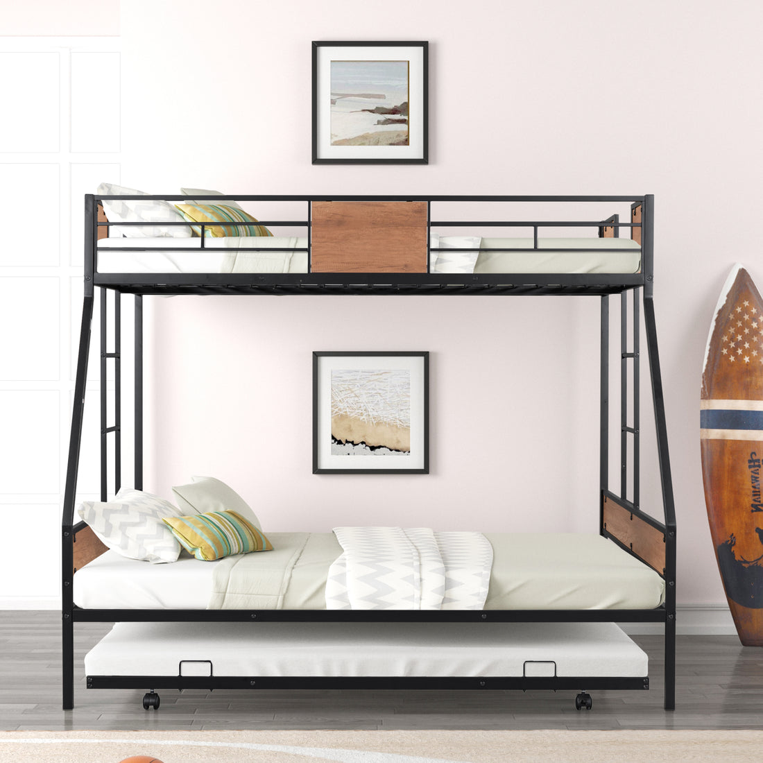 Metal Twin Over Full Bunk Bed With Trundle Heavy Duty Sturdy Metal Noise Reduced Safety Guardrail Wooden Decoration Convenient Trundle Bunk Bed For Three Cpc Certified No Box Spring Needed Black Metal