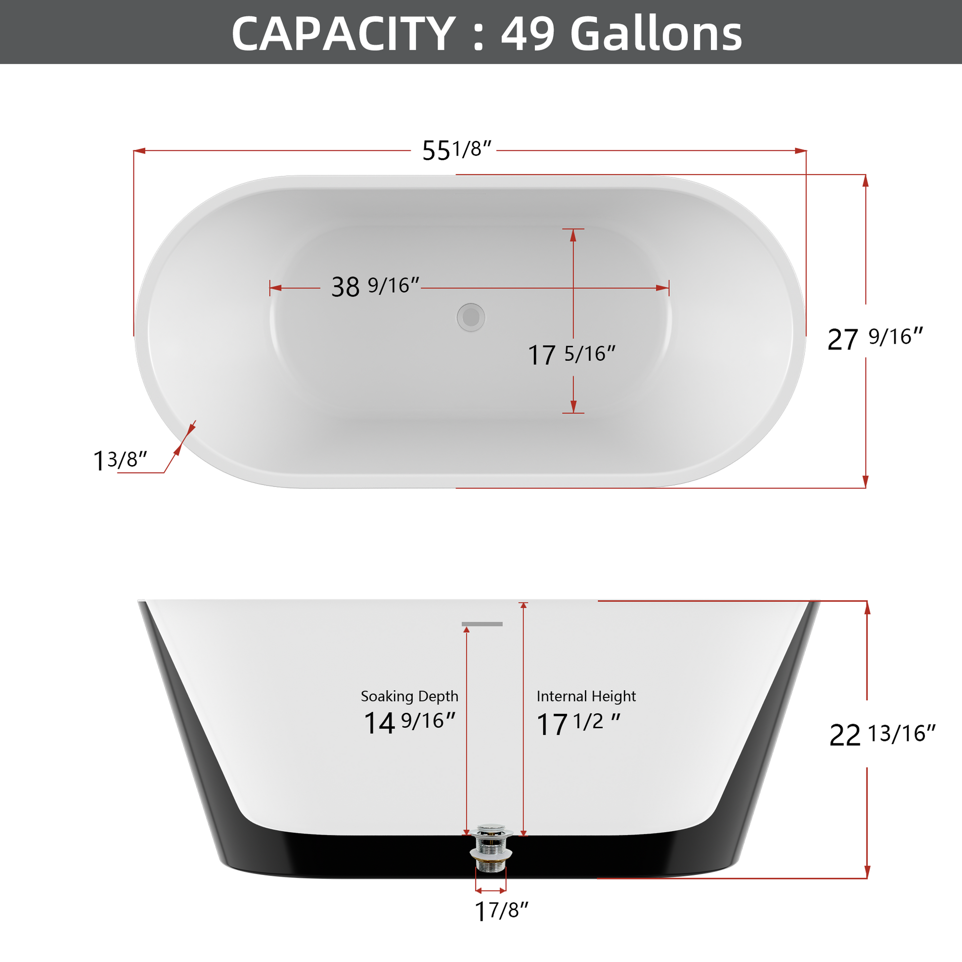 55" Acrylic Free Standing Tub Classic Oval Shape black-oval-bathroom-freestanding