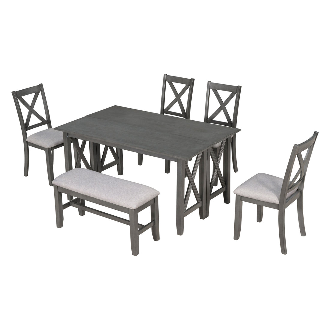 6 Piece Family Dining Room Set Solid Wood Space Saving Foldable Table And 4 Chairs With Bench For Dining Room Gray Gray Solid Wood