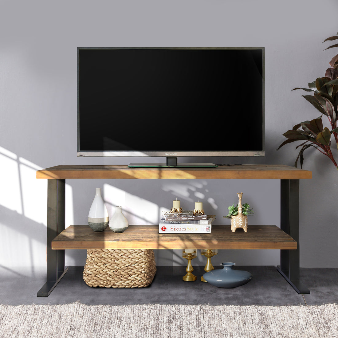 Media Console Table With One Shelf To Your Home Decor, Natural Reclaimed Wood And Black Finish Natural Solid Wood