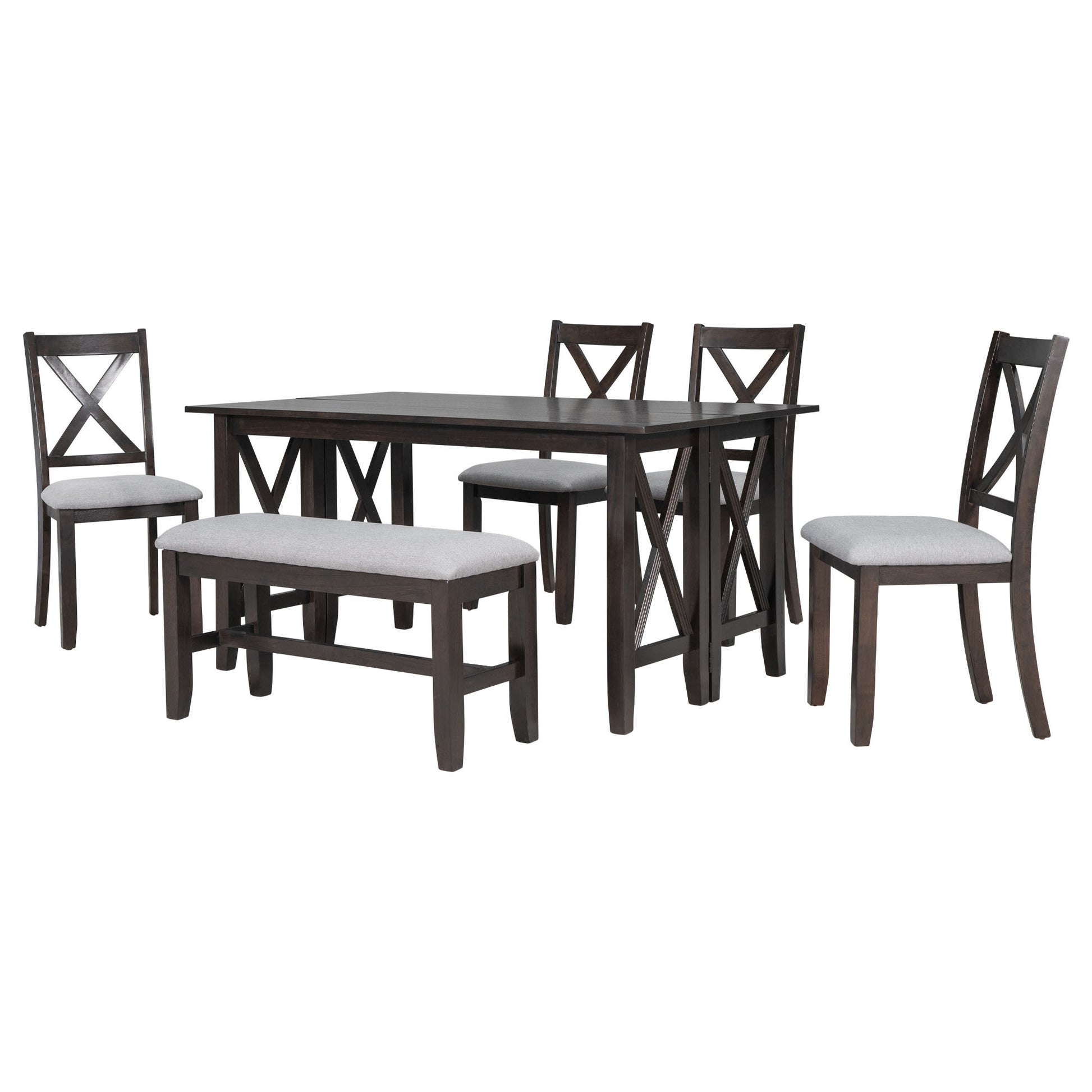 6 Piece Family Dining Room Set Solid Wood Space Saving Foldable Table And 4 Chairs With Bench For Dining Room Espresso Espresso Solid Wood