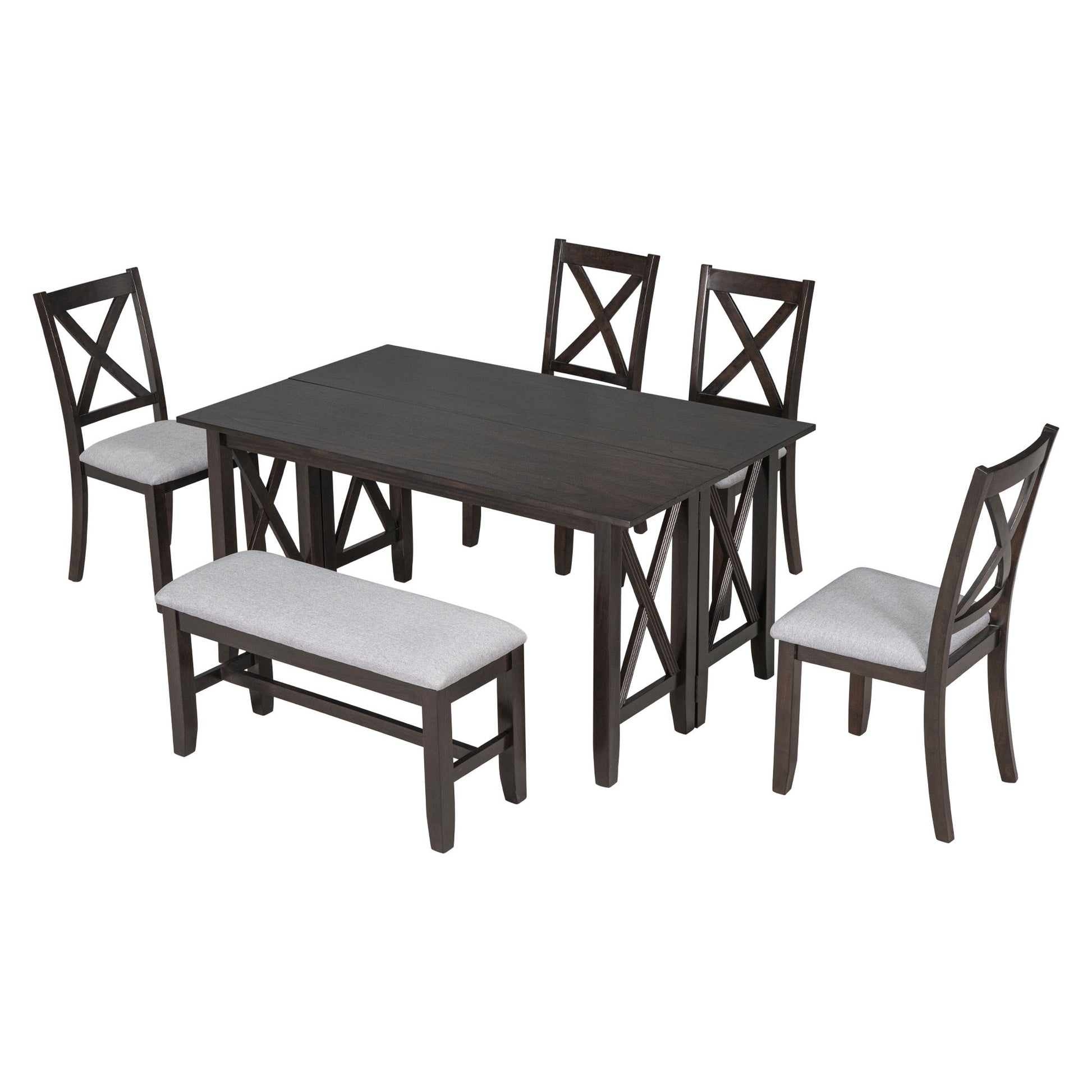 6 Piece Family Dining Room Set Solid Wood Space Saving Foldable Table And 4 Chairs With Bench For Dining Room Espresso Espresso Solid Wood