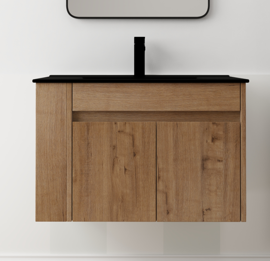 30 Inch Bathroom Vanity With Black Ceramic Basin And Adjust Open Shelf Kd Packing Imitative Oak Plywood