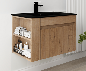 30 Inch Bathroom Vanity With Black Ceramic Basin And Adjust Open Shelf Kd Packing Imitative Oak Plywood