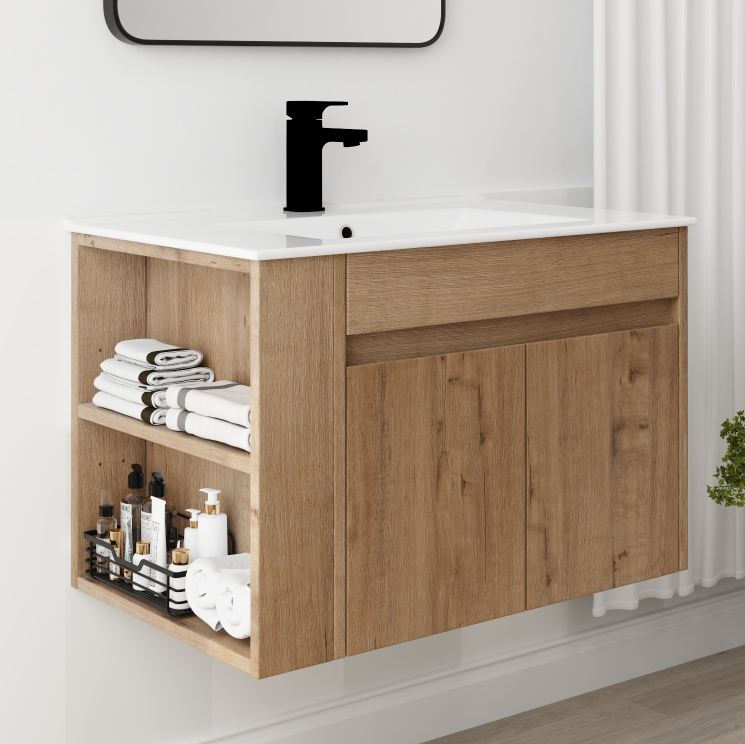 30 Inch Bathroom Vanity With White Ceramic Basin And Adjust Open Shelf Kd Packing Imitative Oak Plywood