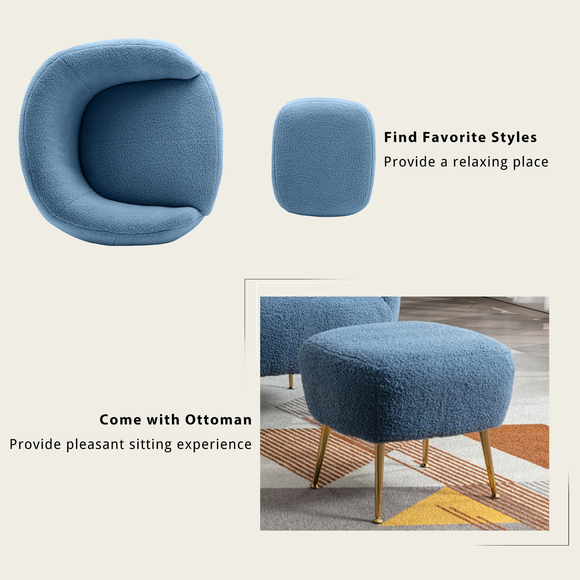 Orisfur. Modern Comfy Leisure Accent Chair, Teddy Short Plush Particle Velvet Armchair With Ottoman For Living Room Dark Blue Foam Altay Velvet