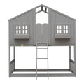 Twin Over Twin House Bunk Bed With Roofwindow, Window Box, Doorwith Safety Guardrails And Ladder, Grey Twin Grey Pine