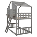 Twin Over Twin House Bunk Bed With Roofwindow, Window Box, Doorwith Safety Guardrails And Ladder, Grey Twin Grey Pine