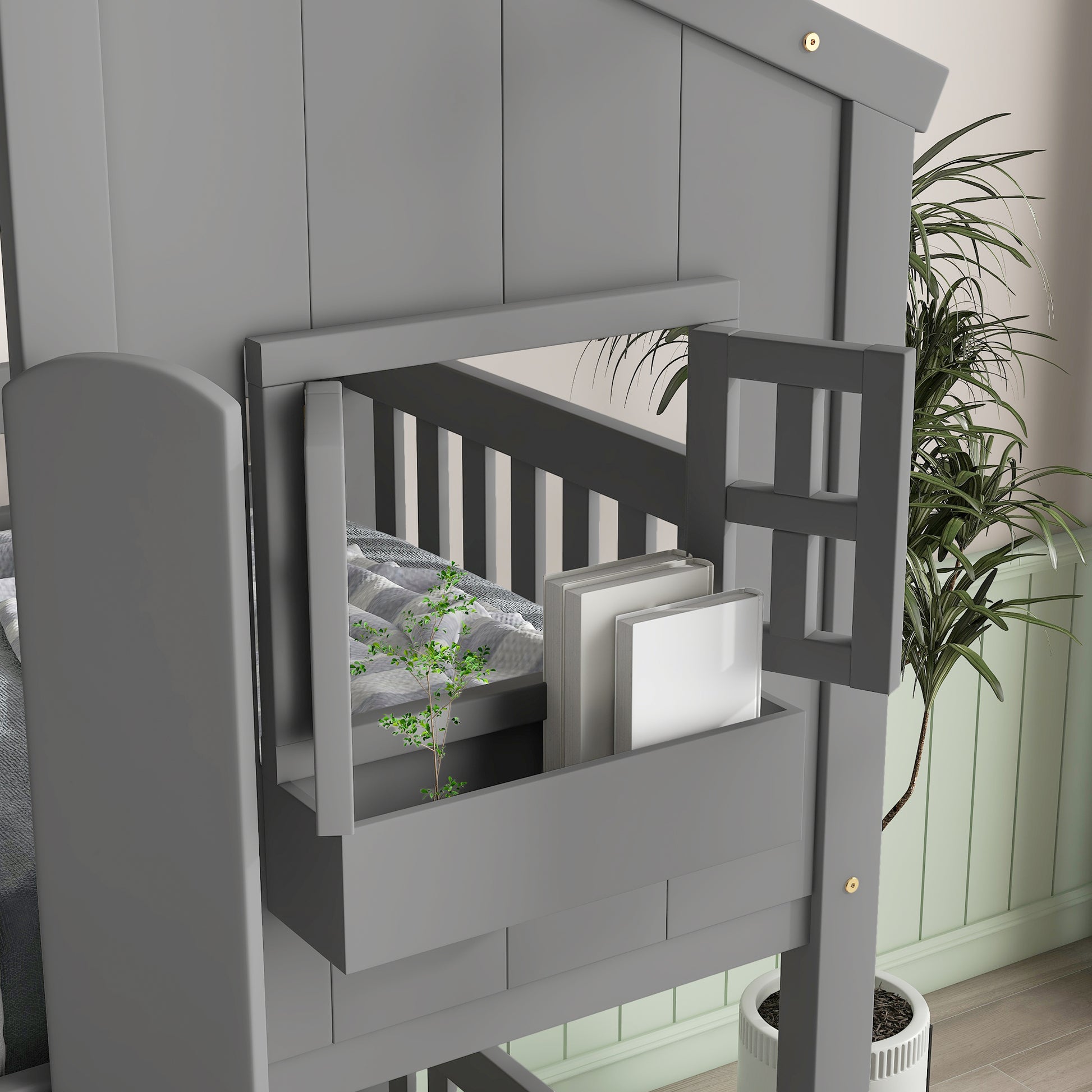 Twin Over Twin House Bunk Bed With Roofwindow, Window Box, Doorwith Safety Guardrails And Ladder, Grey Twin Grey Pine