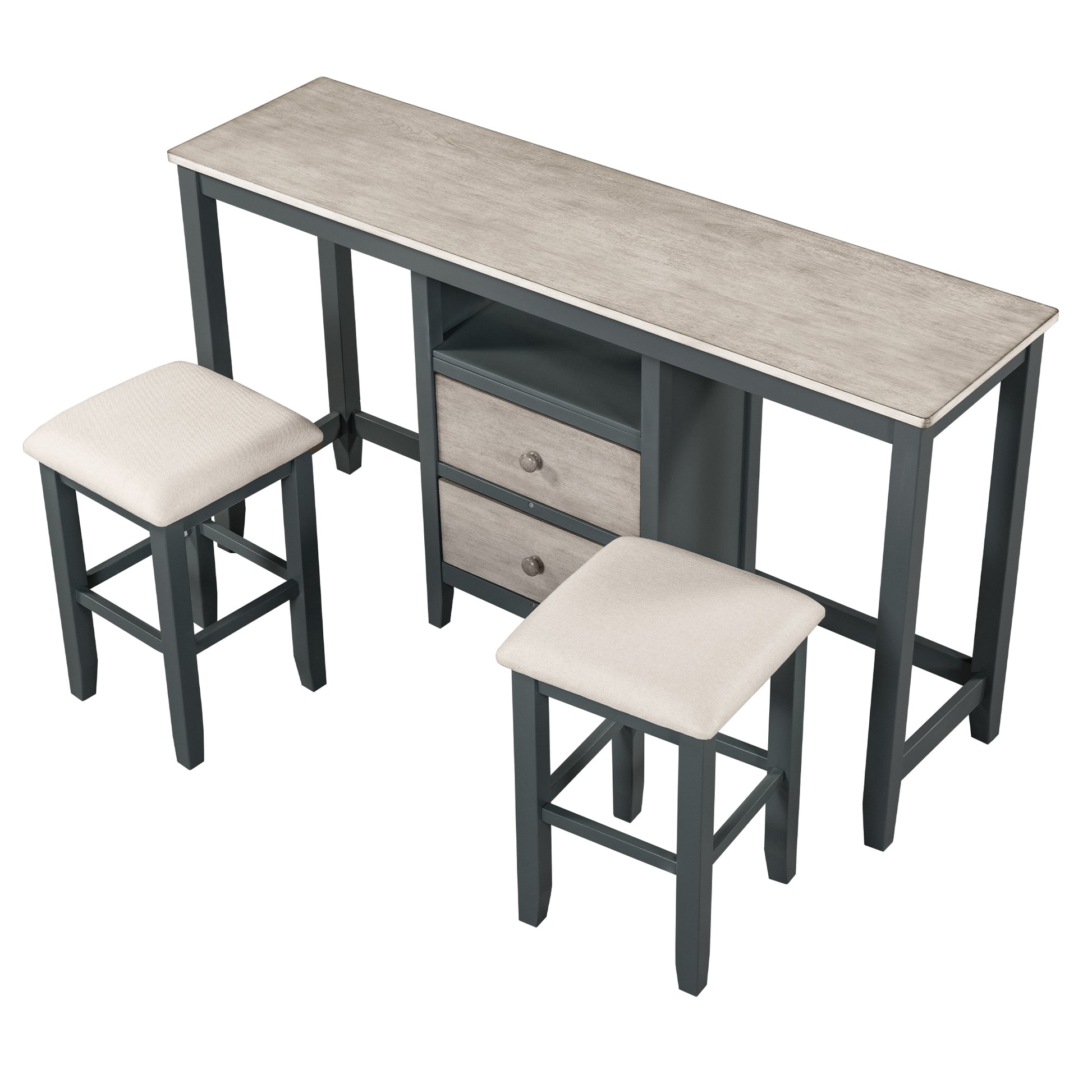 Farmhouse Rustic 3 Piece Counter Height Wood Dining Table Set With Cabinet,2 Storage Drawers And 2 Stools For Small Places, Gray And Distressed Light Gray Upholstered Chair Wood Gray Seats 2 Gray Wood Dining Room Farmhouse Rubberwood Rectangular Foam