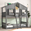 Twin Over Twin House Bunk Bed With Roofwindow, Window Box, Doorwith Safety Guardrails And Ladder, Grey Twin Grey Pine