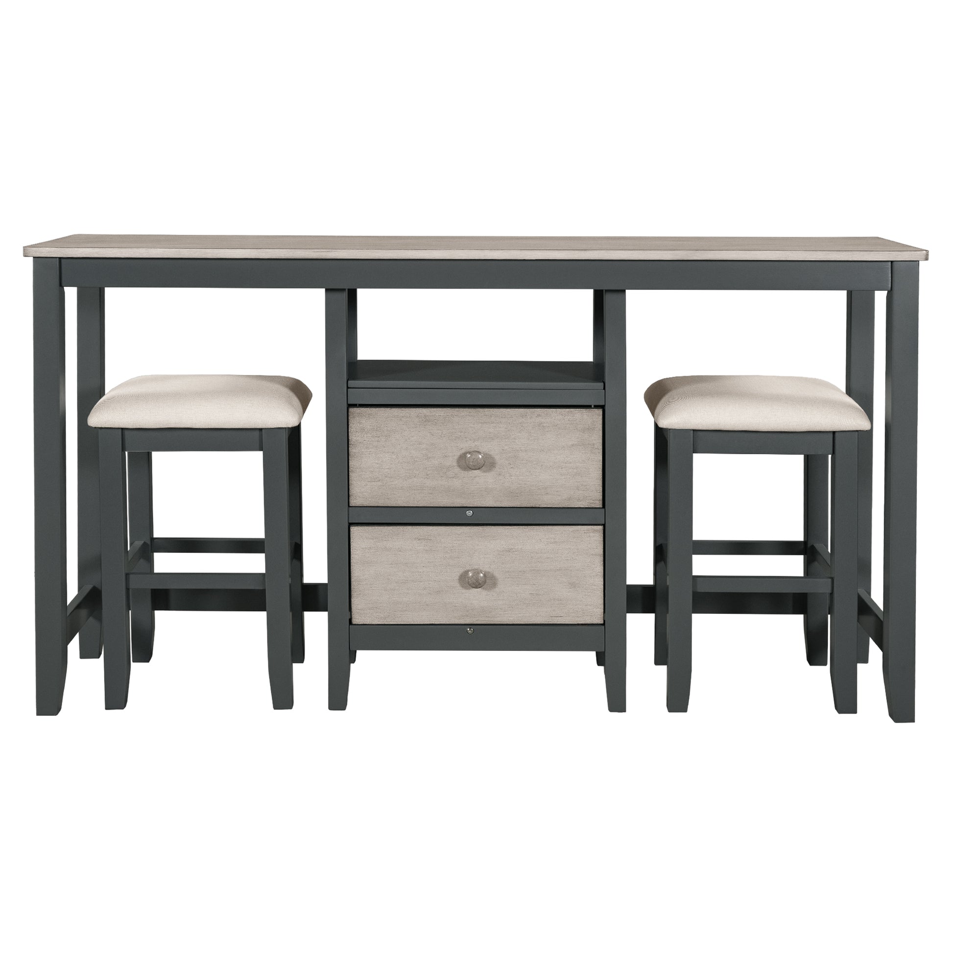 Farmhouse Rustic 3 Piece Counter Height Wood Dining Table Set With Cabinet,2 Storage Drawers And 2 Stools For Small Places, Gray And Distressed Light Gray Upholstered Chair Wood Gray Seats 2 Gray Wood Dining Room Farmhouse Rubberwood Rectangular Foam