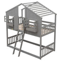 Twin Over Twin House Bunk Bed With Roofwindow, Window Box, Doorwith Safety Guardrails And Ladder, Grey Twin Grey Pine