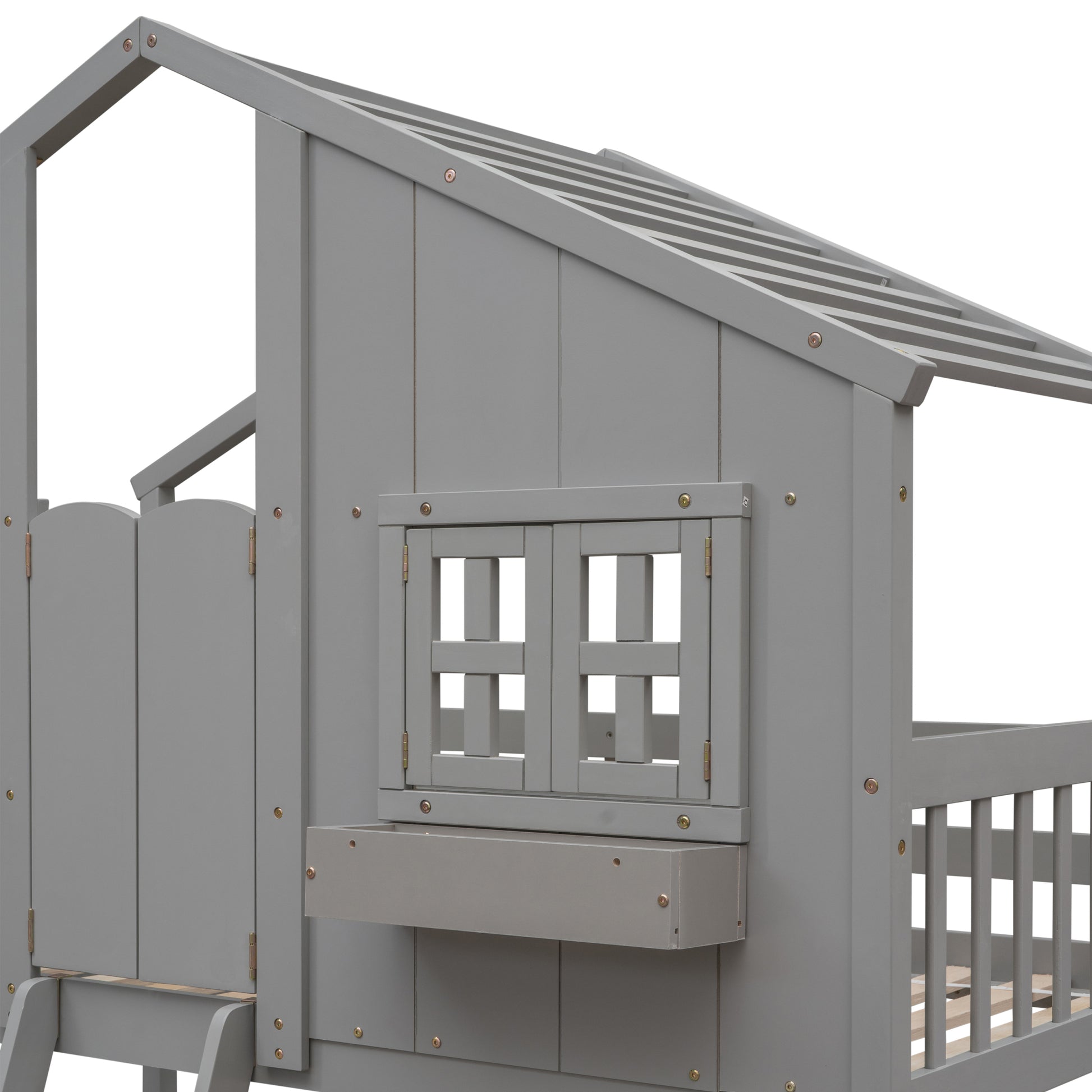 Twin Over Twin House Bunk Bed With Roofwindow, Window Box, Doorwith Safety Guardrails And Ladder, Grey Twin Grey Pine