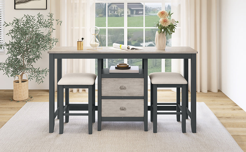 Farmhouse Rustic 3 Piece Counter Height Wood Dining Table Set With Cabinet,2 Storage Drawers And 2 Stools For Small Places, Gray And Distressed Light Gray Upholstered Chair Wood Gray Seats 2 Gray Wood Dining Room Farmhouse Rubberwood Rectangular Foam