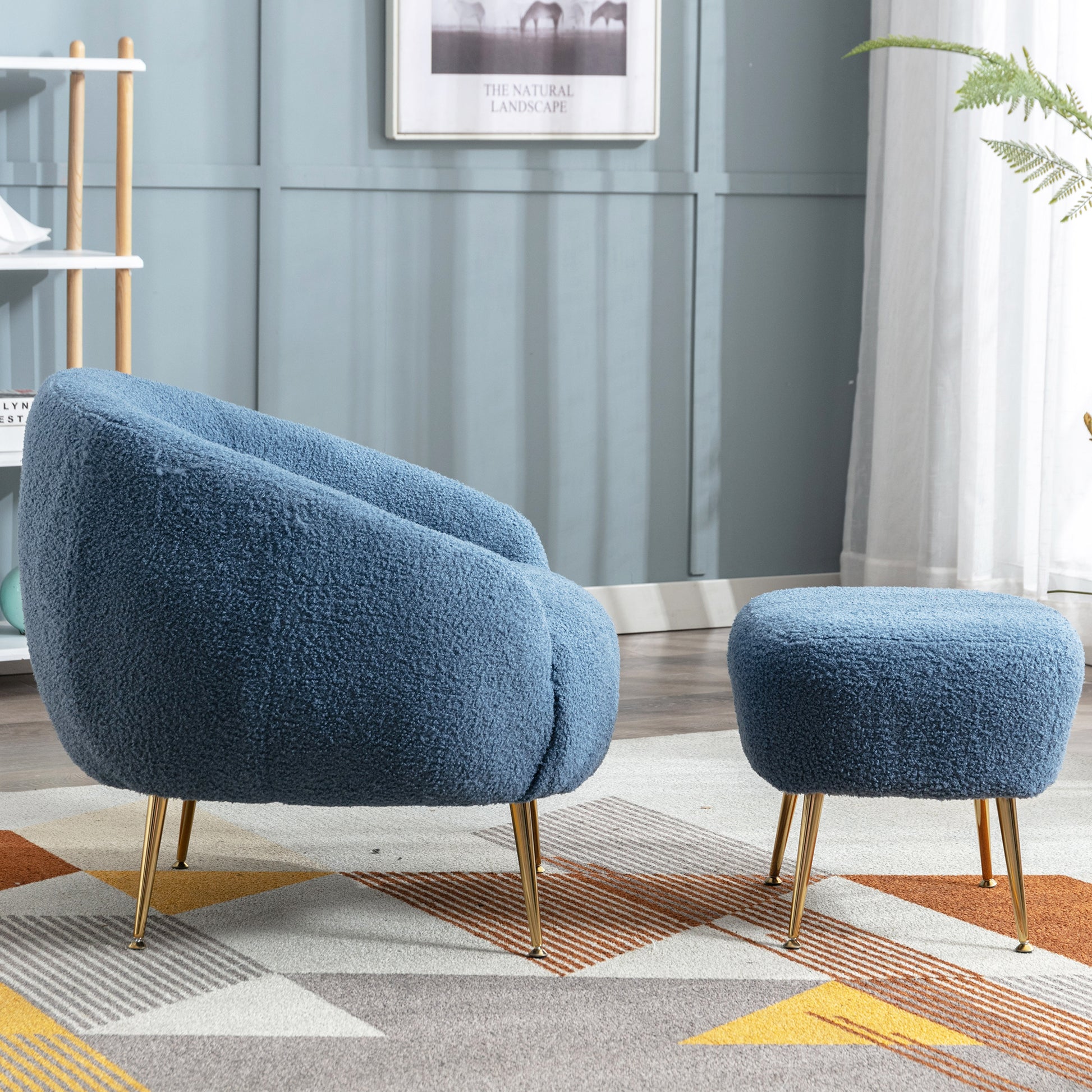 Orisfur. Modern Comfy Leisure Accent Chair, Teddy Short Plush Particle Velvet Armchair With Ottoman For Living Room Dark Blue Foam Altay Velvet