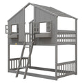 Twin Over Twin House Bunk Bed With Roofwindow, Window Box, Doorwith Safety Guardrails And Ladder, Grey Twin Grey Pine