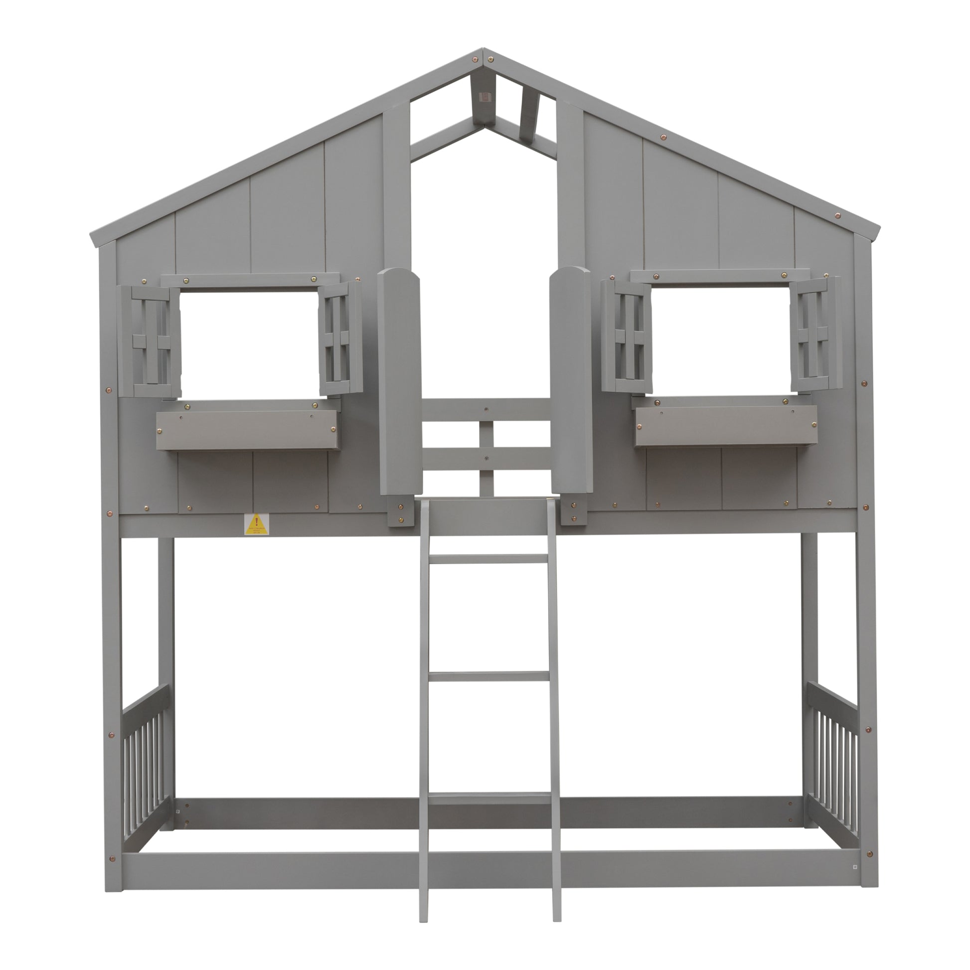 Twin Over Twin House Bunk Bed With Roofwindow, Window Box, Doorwith Safety Guardrails And Ladder, Grey Twin Grey Pine