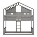 Twin Over Twin House Bunk Bed With Roofwindow, Window Box, Doorwith Safety Guardrails And Ladder, Grey Twin Grey Pine