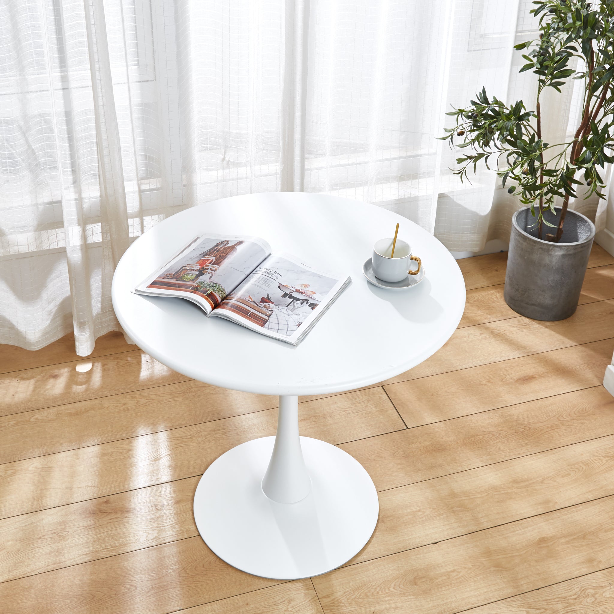 Modern White Round Dining Table, 31.5'' Diameter Solid Metal Base Coffee Table White Iron