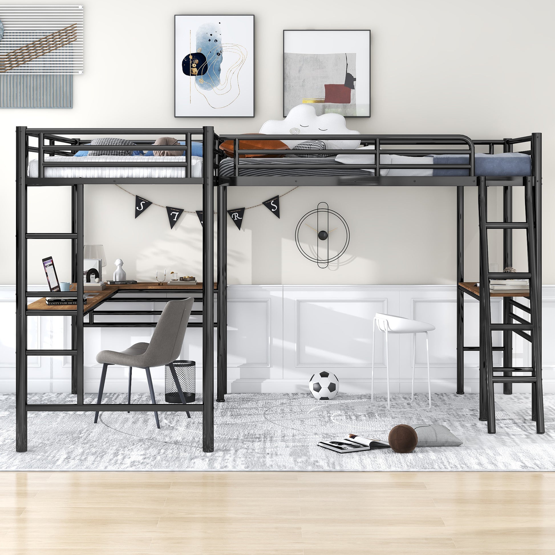 Twin Size Metal Loft Bed With Two Built In Desks,Black Twin Black Metal