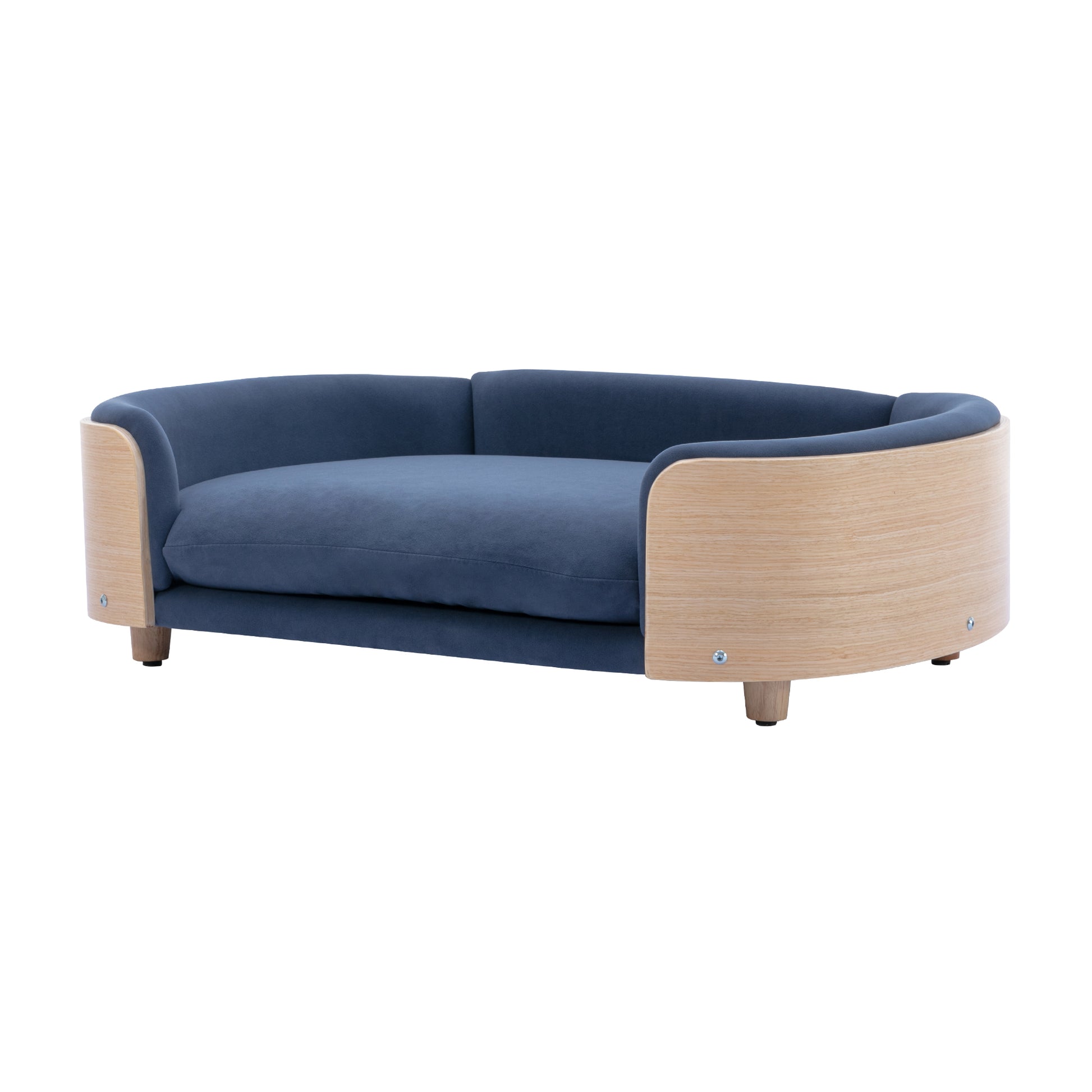 Scandinavian Style Elevated Dog Bed Pet Sofa With Solid Wood Legs And Bent Wood Back, Velvet Cushion,Large Size Dark Blue Foam Solid Wood