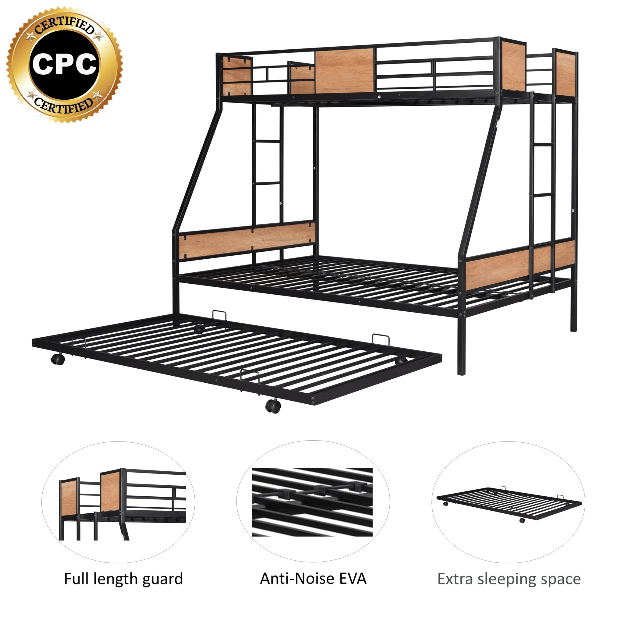 Metal Twin over Full Bunk Bed with Trundle Heavy duty black-metal