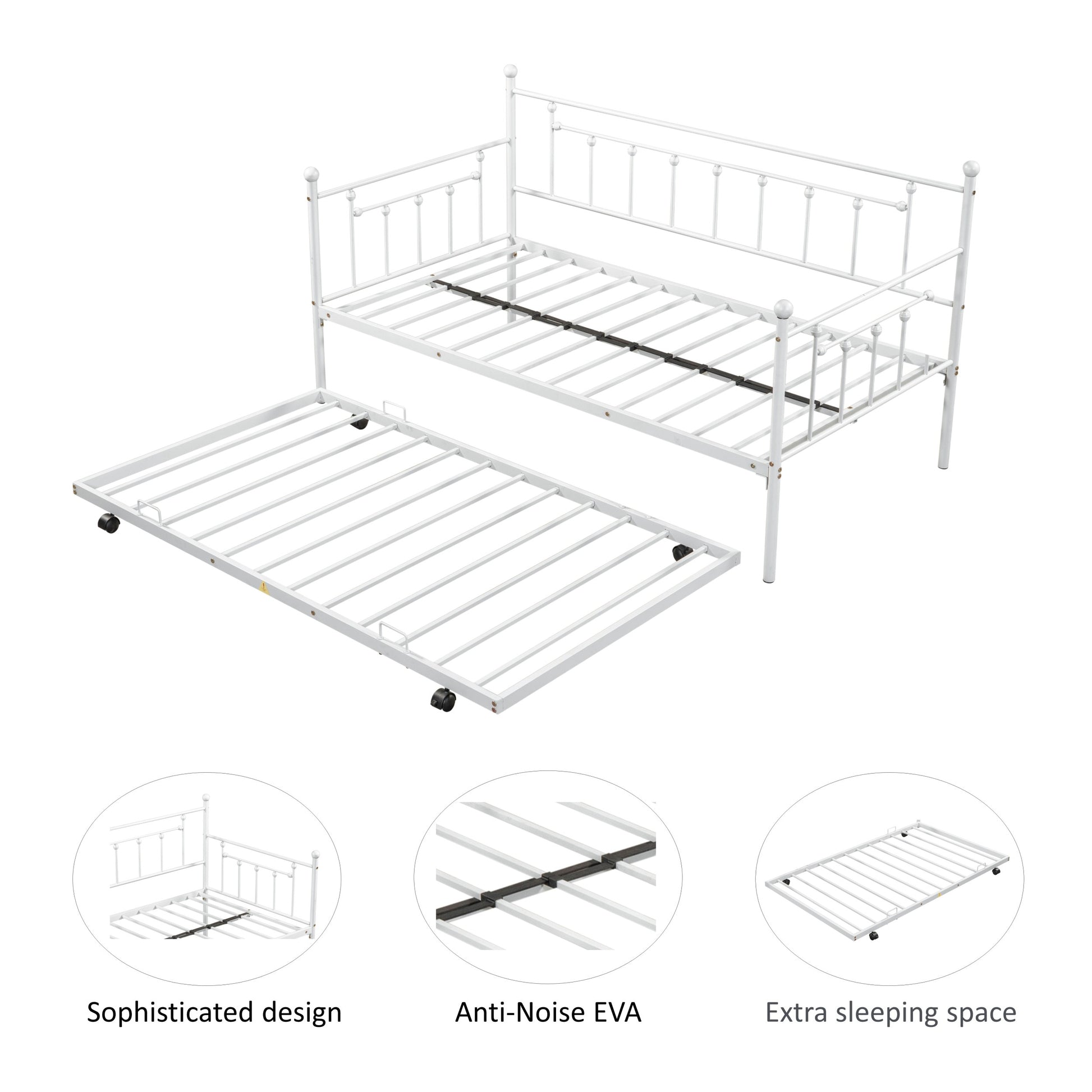 Metal Twin Daybed With Trundle Heavy Duty Sturdy Metal Noise Reduced Trundle For Flexible Space Vintage Style No Box Spring Needed Light Grey Metal