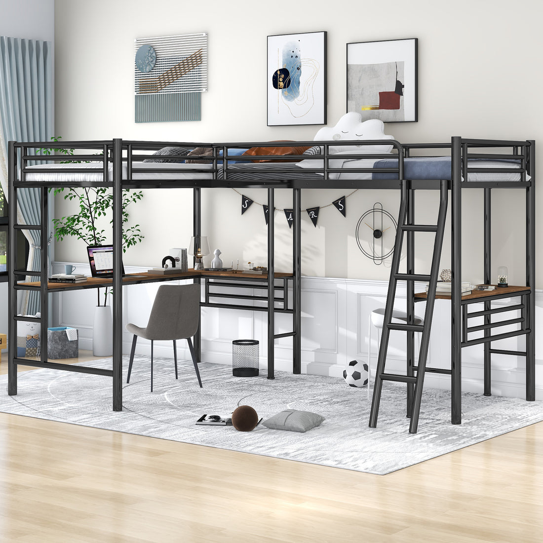 Twin Size Metal Loft Bed With Two Built In Desks,Black Twin Black Metal