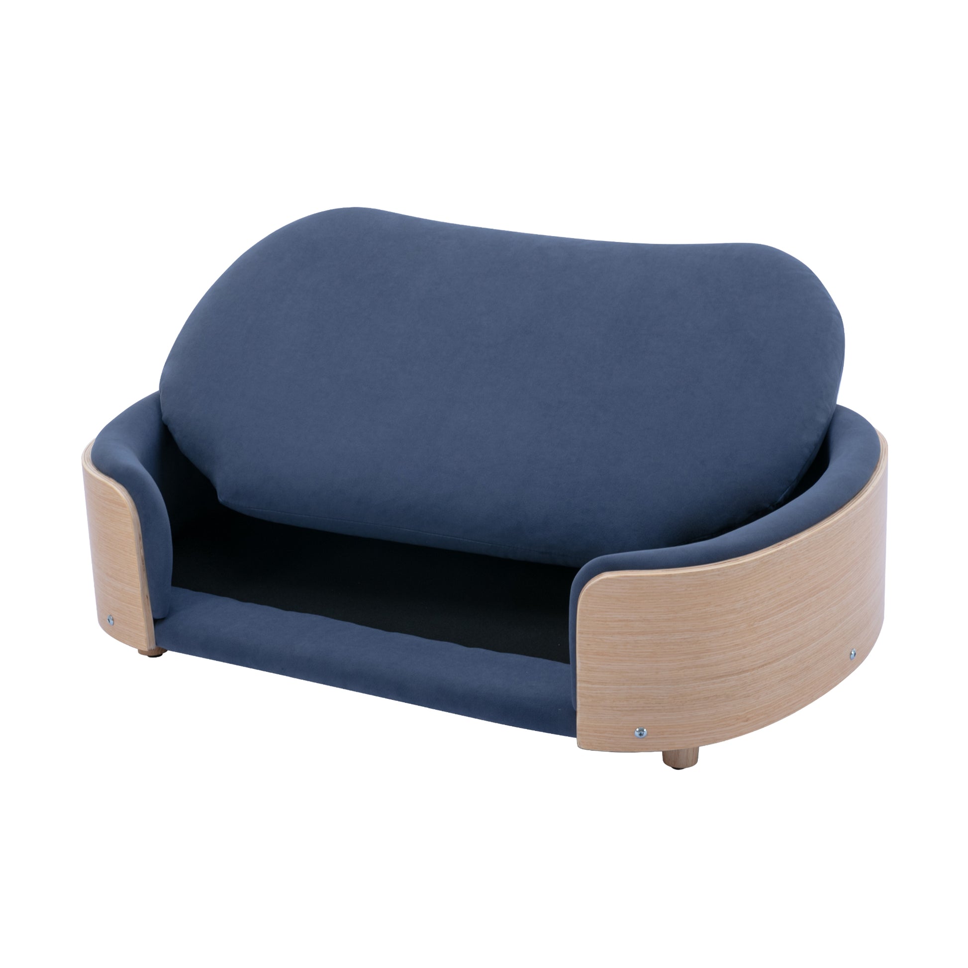 Scandinavian Style Elevated Dog Bed Pet Sofa With Solid Wood Legs And Bent Wood Back, Velvet Cushion,Large Size Dark Blue Foam Solid Wood