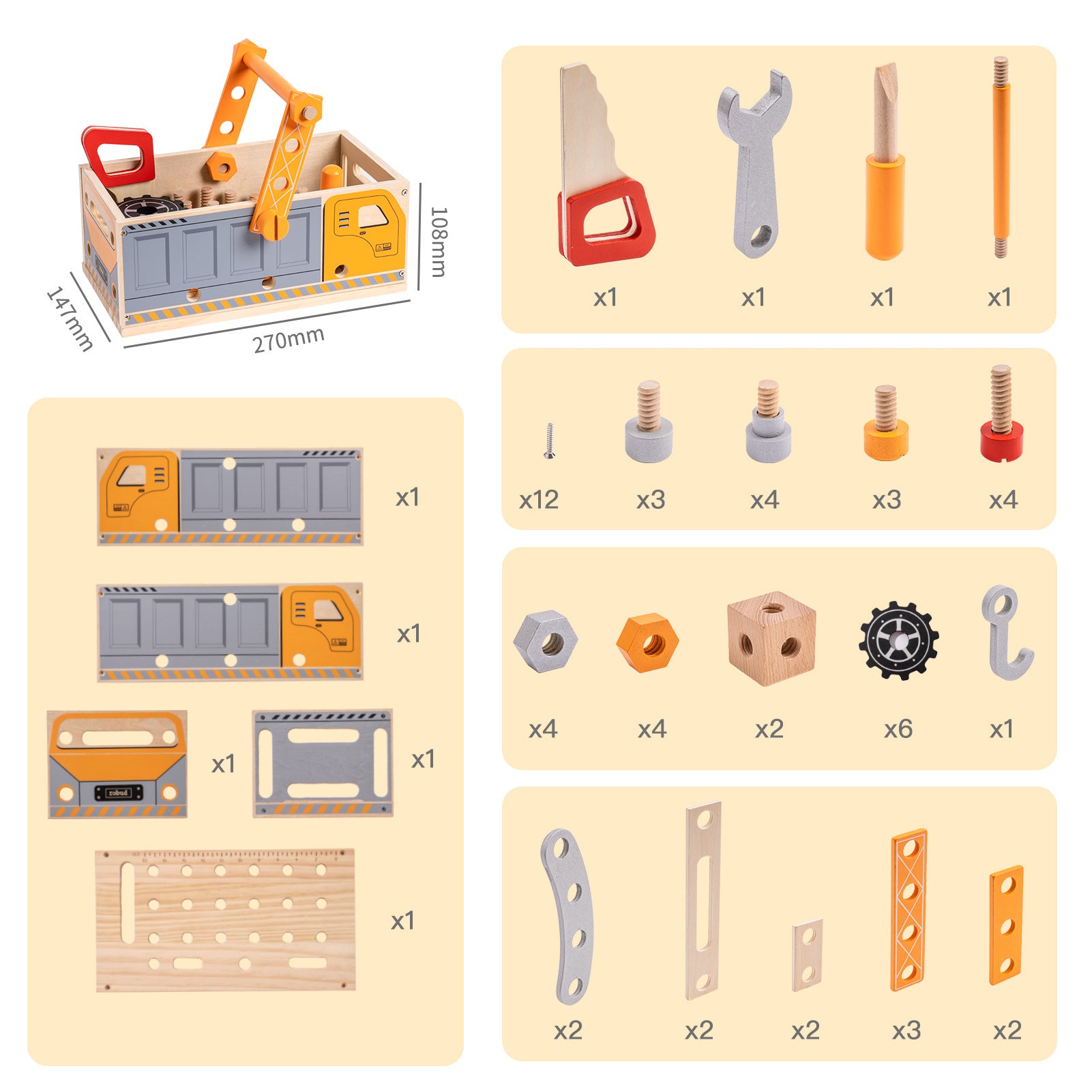 Classic Toy Car Tool Box Set, Workbench Tools for orange-solid wood