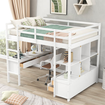 Full Size Loft Bed With Built In Desk With Two Drawers, And Storage Shelves And Drawers,White Box Spring Not Required Full White Wood Bedroom Pine