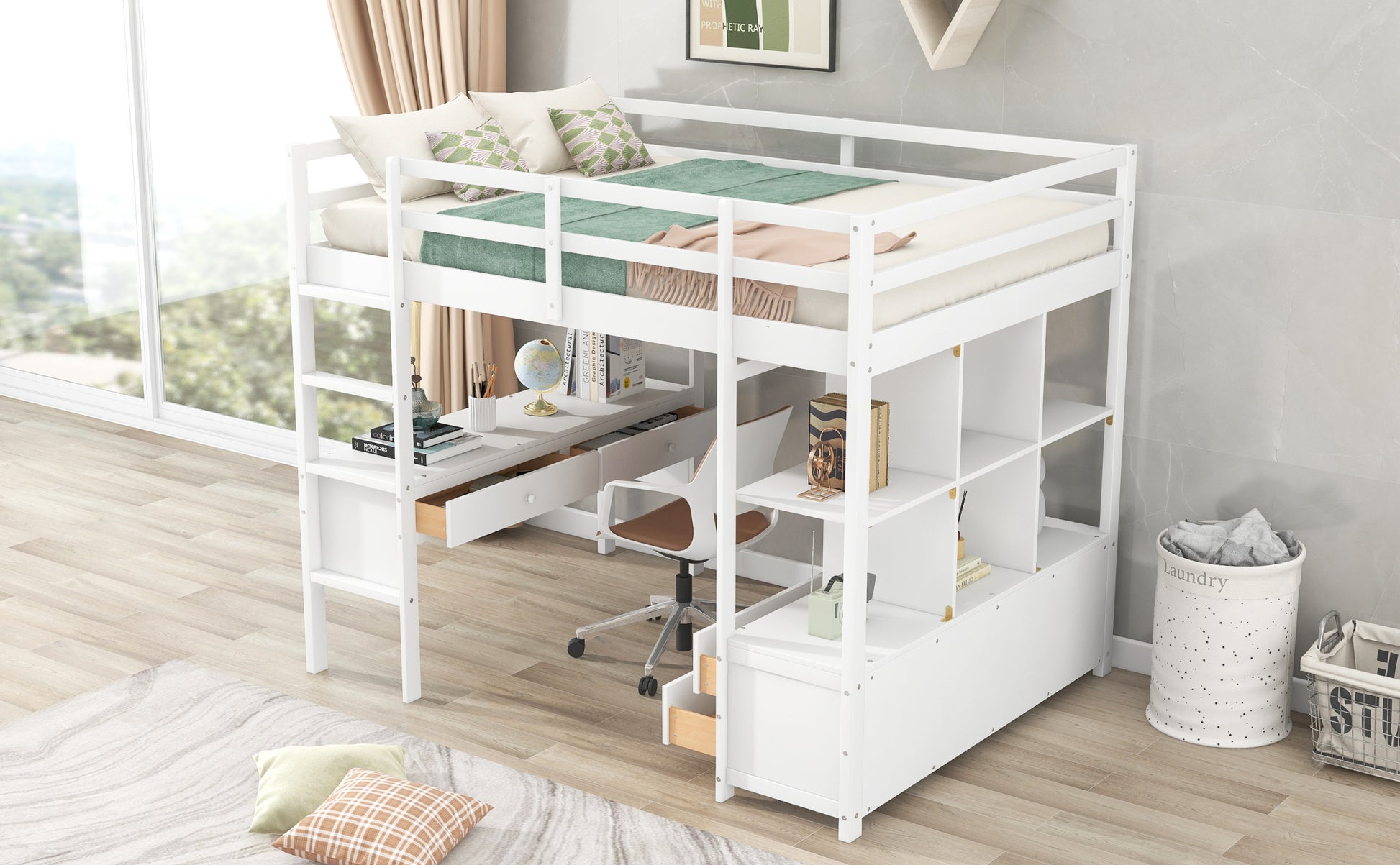 Full Size Loft Bed With Built In Desk With Two Drawers, And Storage Shelves And Drawers,White Box Spring Not Required Full White Wood Bedroom Pine