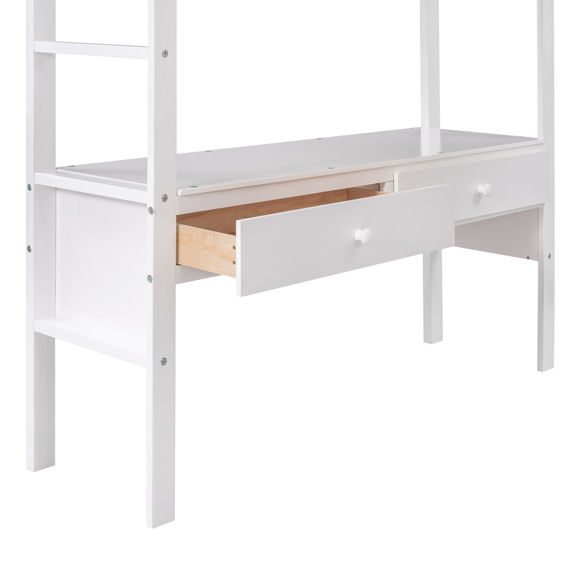 Full Size Loft Bed With Built In Desk With Two Drawers, And Storage Shelves And Drawers,White Box Spring Not Required Full White Wood Bedroom Pine