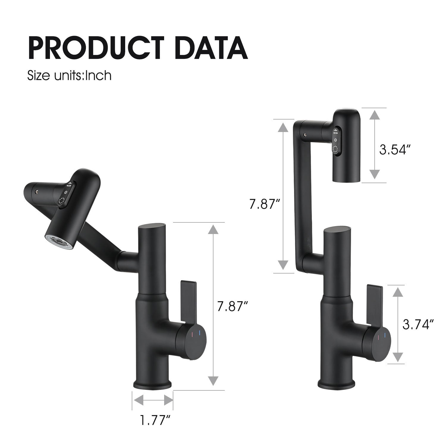 Bathroom Sink Faucet With Spray Function And Temperature Display For Anti Skid Switch And Hot & Cold And 360 Rotary Matte Black Brass