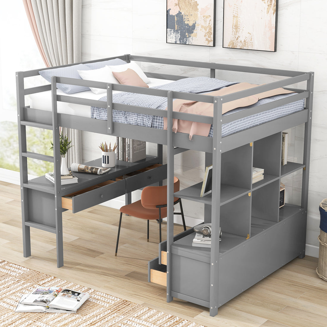 Full Size Loft Bed With Built In Desk With Two Drawers, And Storage Shelves And Drawers,Gray Old Sku: Gx000320Aae Box Spring Not Required Full Gray Wood Bedroom Pine
