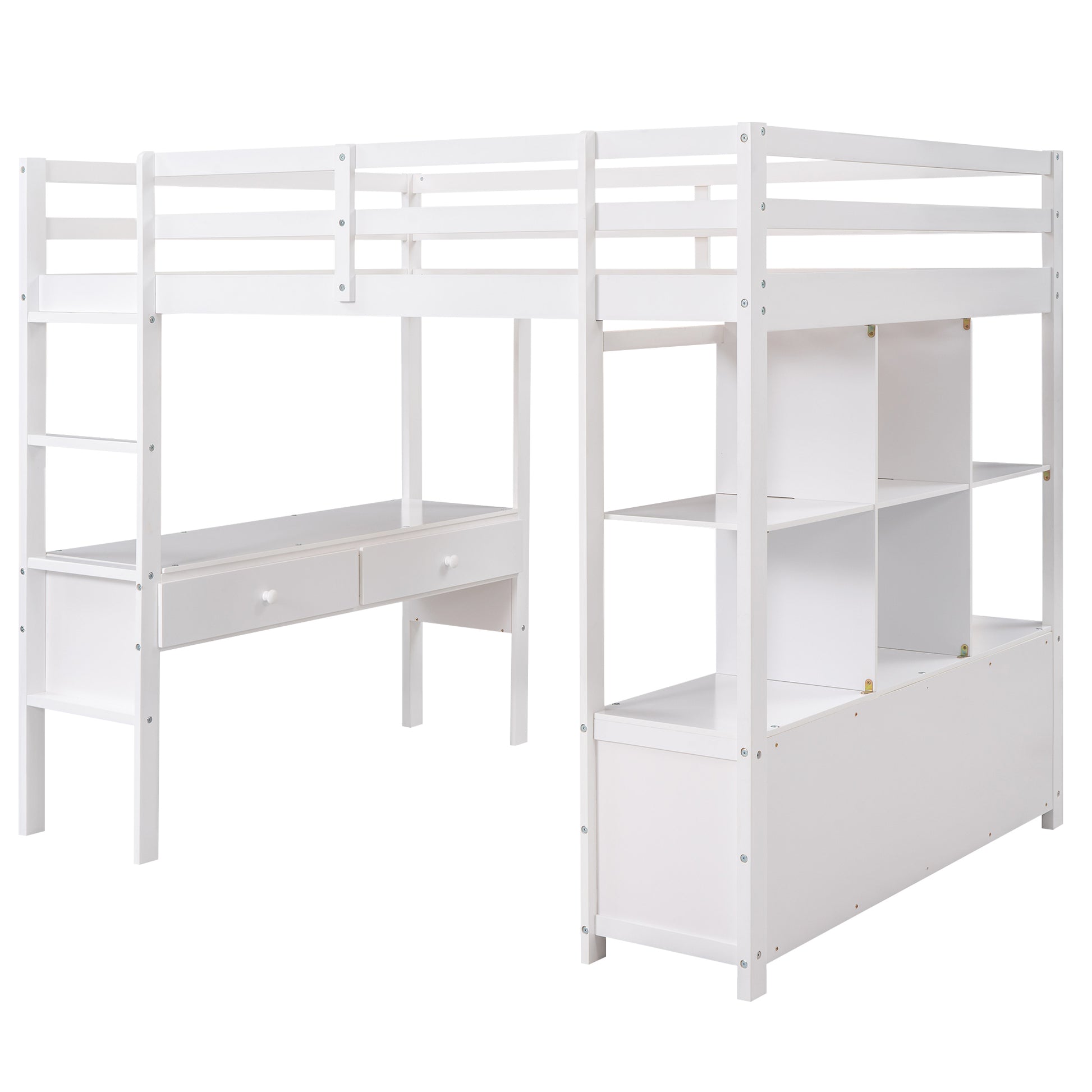 Full Size Loft Bed With Built In Desk With Two Drawers, And Storage Shelves And Drawers,White Box Spring Not Required Full White Wood Bedroom Pine