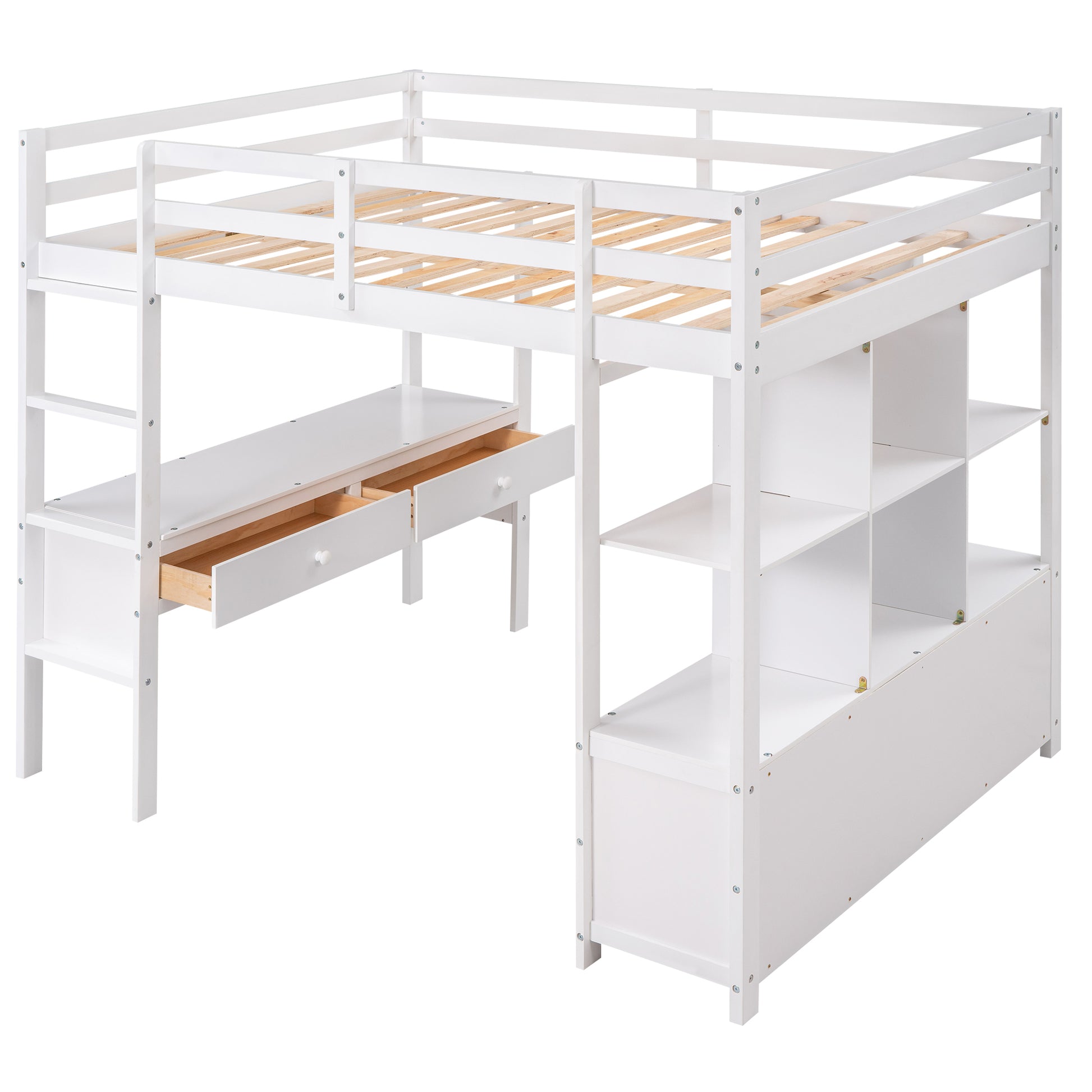 Full Size Loft Bed With Built In Desk With Two Drawers, And Storage Shelves And Drawers,White Box Spring Not Required Full White Wood Bedroom Pine