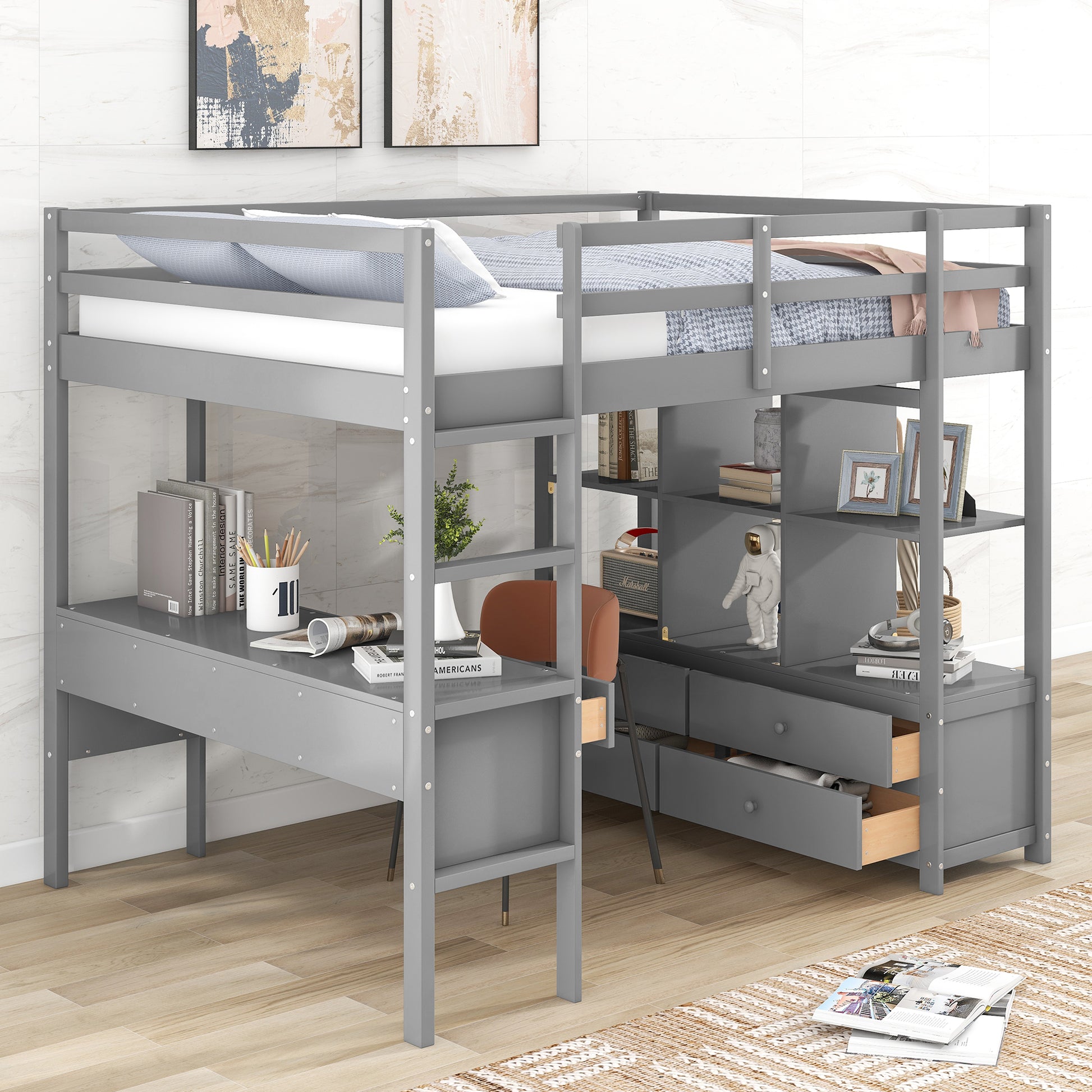 Full Size Loft Bed With Built In Desk With Two Drawers, And Storage Shelves And Drawers,Gray Old Sku: Gx000320Aae Box Spring Not Required Full Gray Wood Bedroom Pine