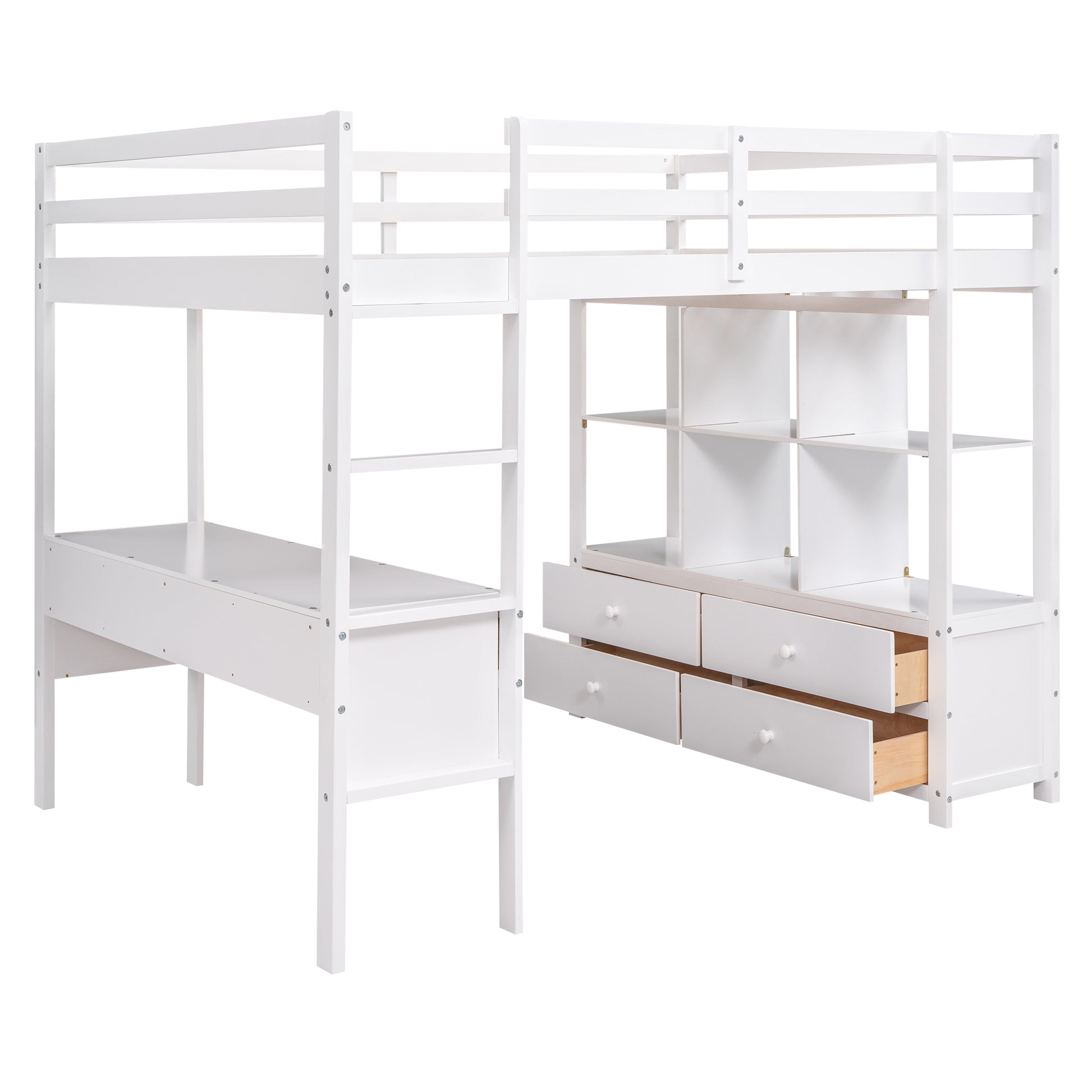 Full Size Loft Bed With Built In Desk With Two Drawers, And Storage Shelves And Drawers,White Box Spring Not Required Full White Wood Bedroom Pine