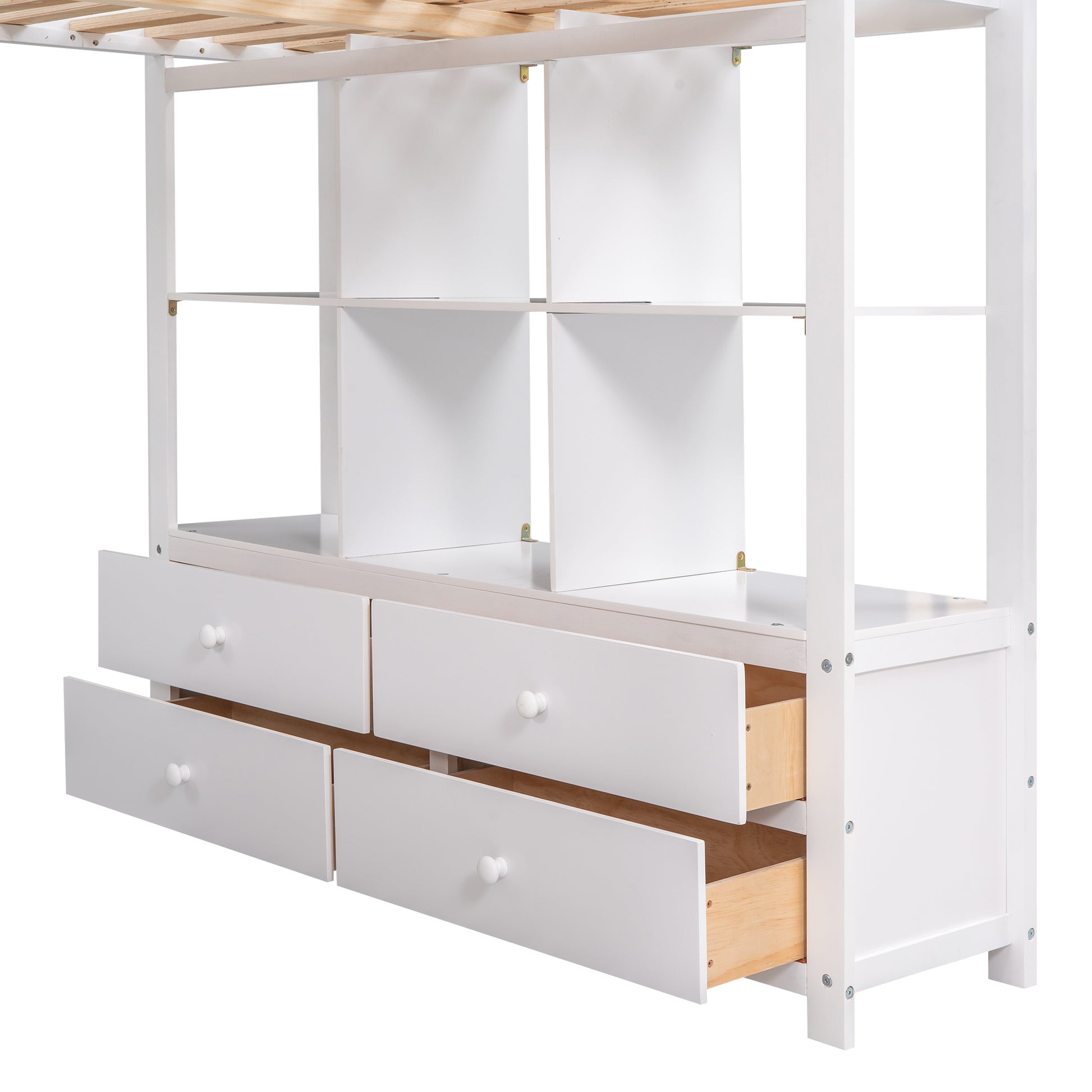 Full Size Loft Bed With Built In Desk With Two Drawers, And Storage Shelves And Drawers,White Box Spring Not Required Full White Wood Bedroom Pine