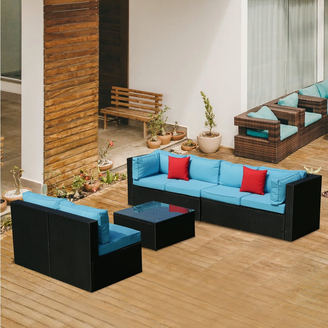 5 Pieces Pe Rattan Sectional Outdoor Furniture Cushioned U Sofa Set With 2 Pillow Yes Sectional Black Blue Rust Resistant Frame Mildew Resistant Cushion Garden & Outdoor Modern Complete Patio Sets Fiber Foam And Polyester Fiber Pad Rattan