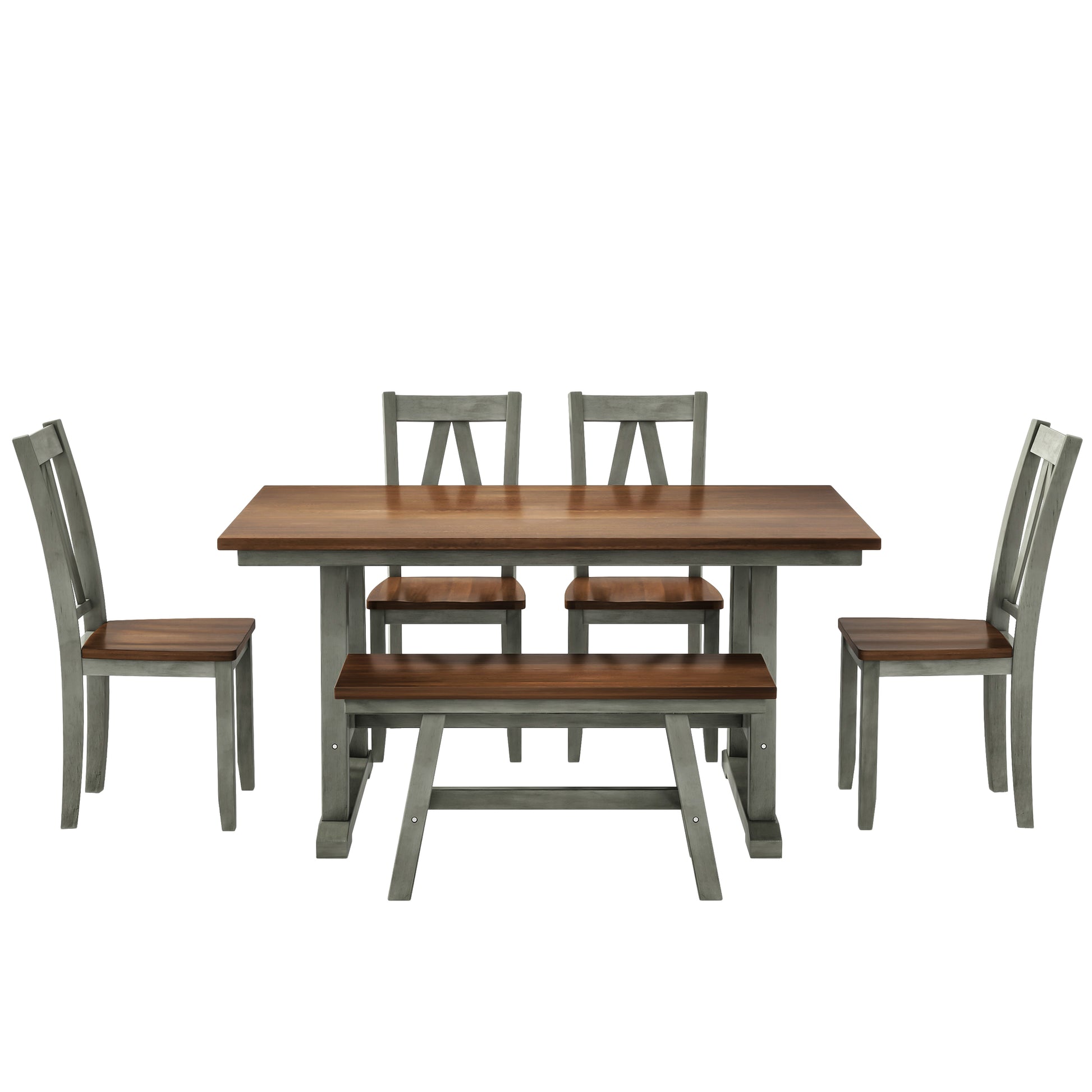 6 Piece Wood Dining Table Set Kitchen Table Set With Long Bench And 4 Dining Chairs, Farmhouse Style, Walnut Gray Gray Wood Dining Room Bench Seating Rubberwood Rectangular Dining Table With Chair And Bench Wood Wood Gray Solid Back Seats 6 60 Inches