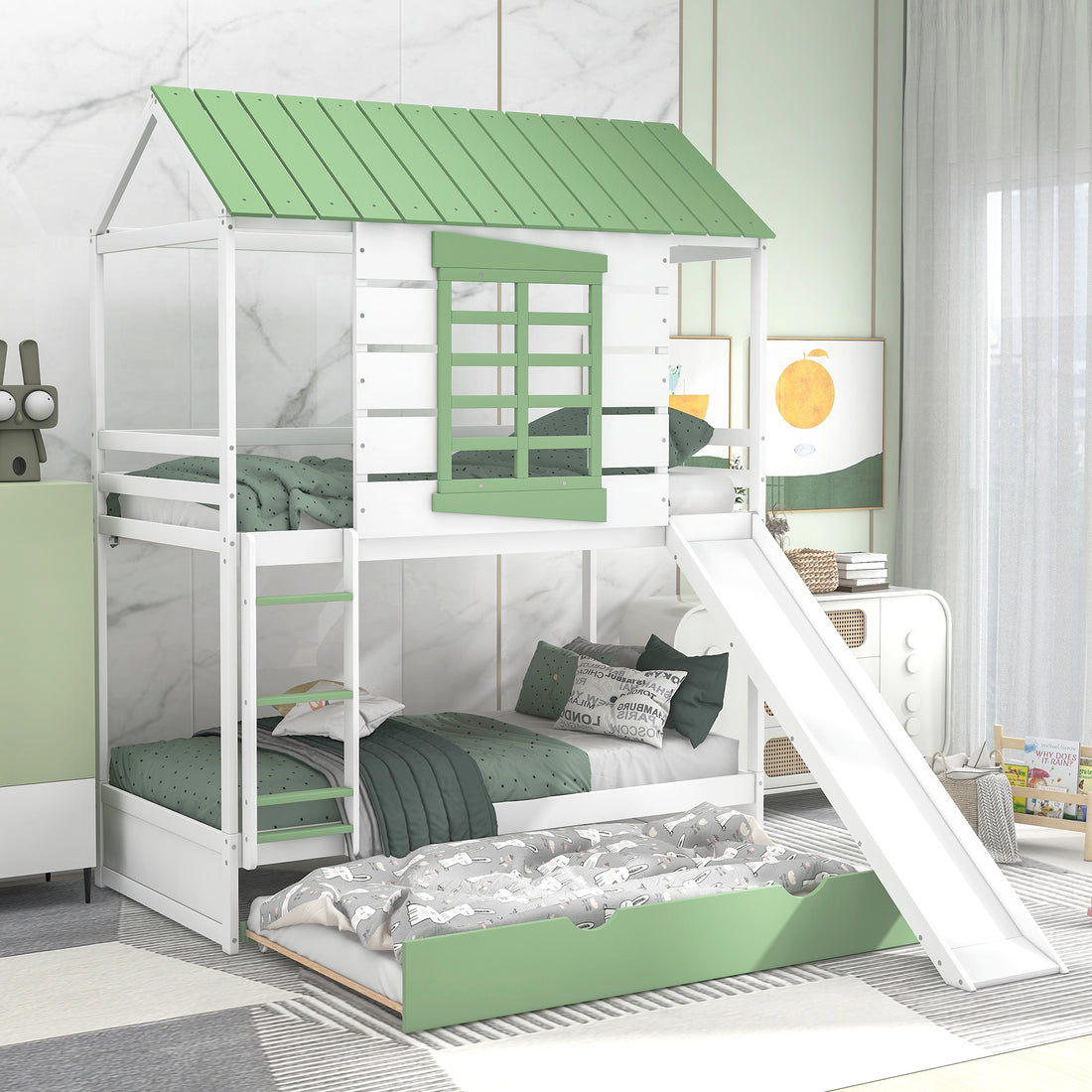 Twin Over Twin Size House Bunk Bed With Convertible Slide And Trundle, White Green White Pine