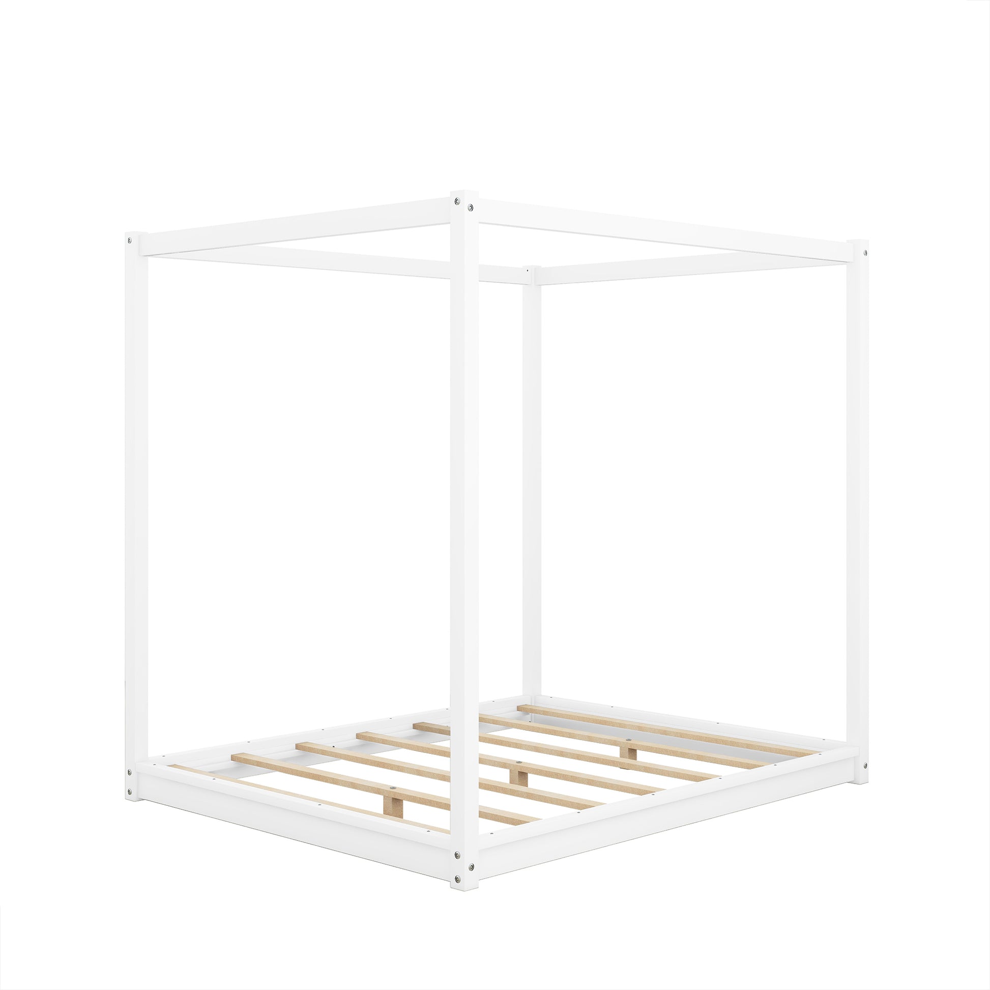 Queen Size Canopy Platform Bed With Support Legs,White White Pine